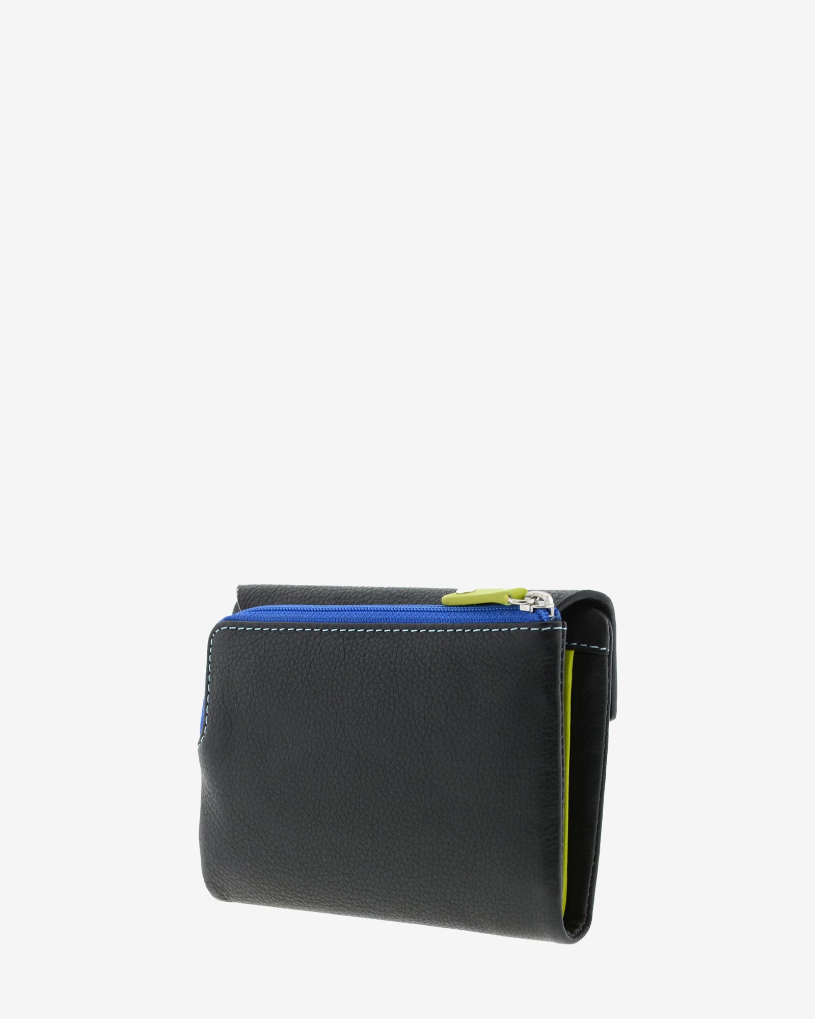Cartera de mujer pequeña de piel de napa extra suave en color negro, vista trasera con portamonedas exterior con cremallera  a contraste azul, referencia 4206-1