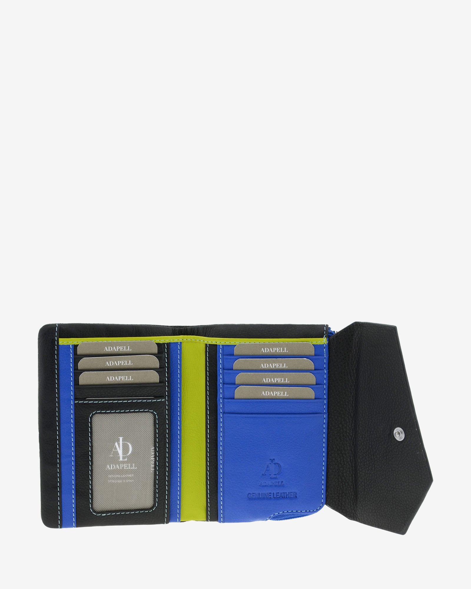 Cartera de mujer pequeña de piel de napa extra suave en color negro, vista interior con compartimentos para tarjetas, ID, billetes y cuatro compartimentos verticales combinado en colores azul y lima, referencia 4206-1