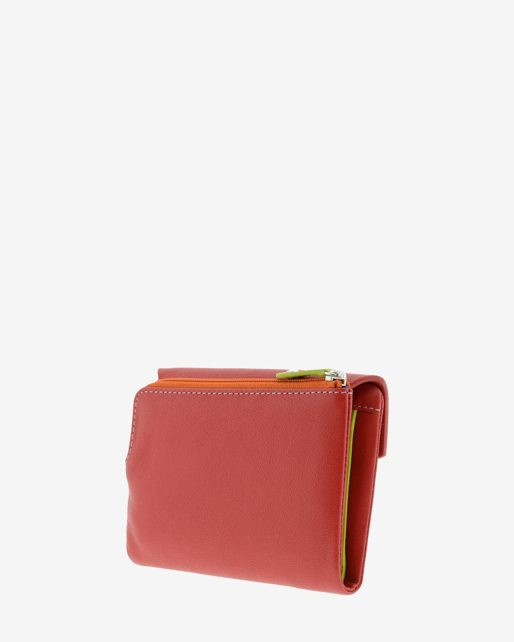 Cartera de mujer pequeña de piel de napa extra suave en color rojo, vista trasera con portamonedas exterior con cremallera naranja a contraste, referencia 4206-3