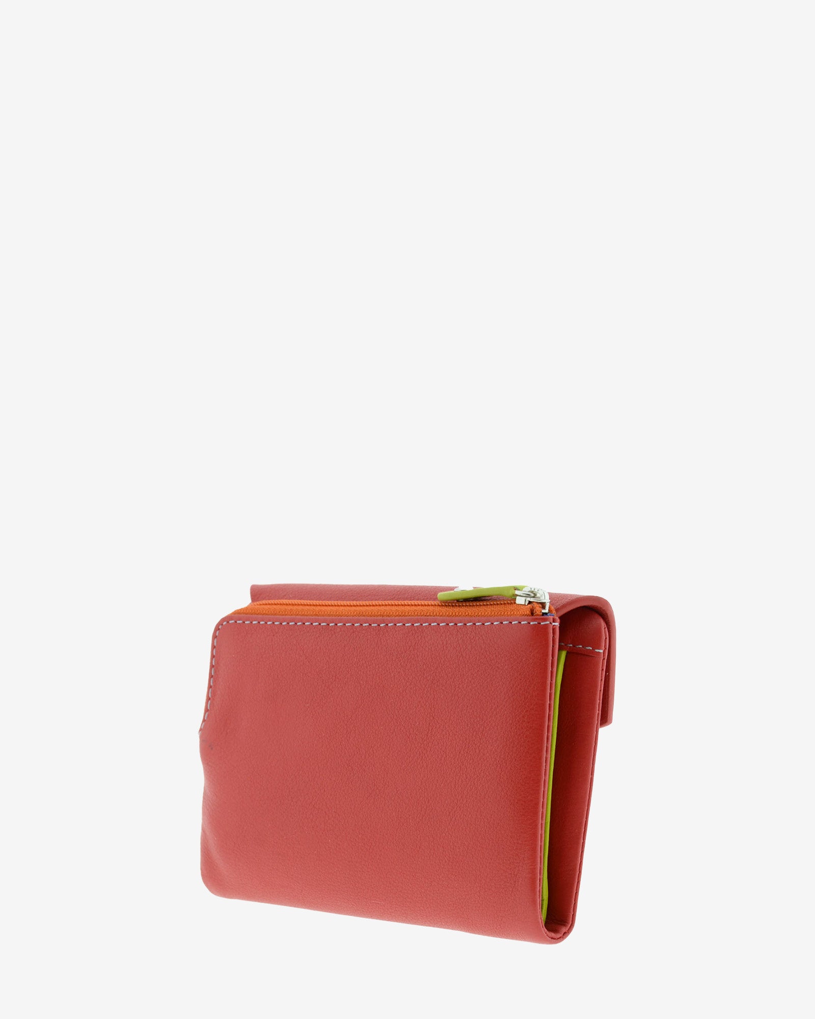 Cartera de mujer pequeña de piel de napa extra suave en color rojo, vista trasera con portamonedas exterior con cremallera naranja a contraste, referencia 4206-3