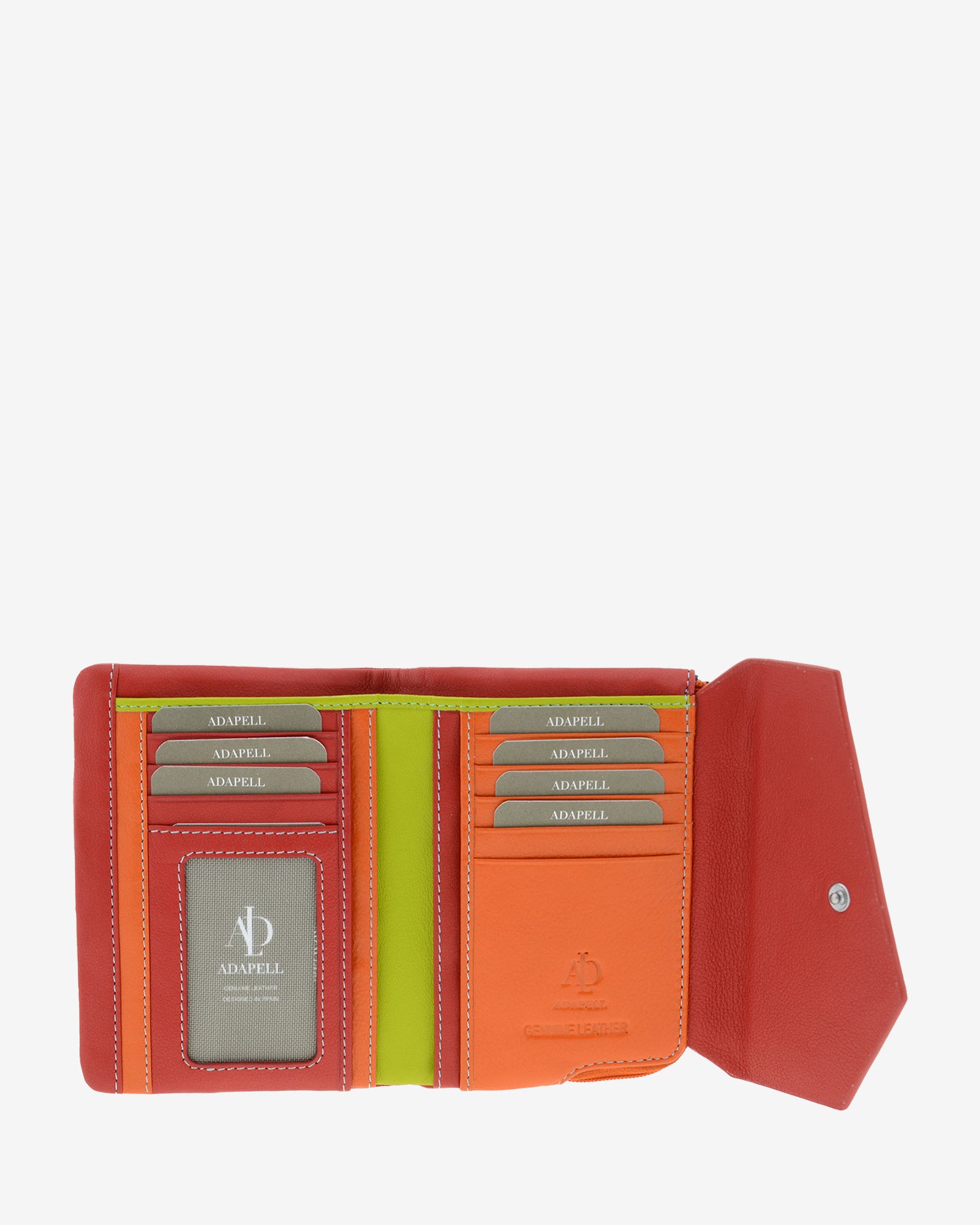 Cartera de mujer pequeña de piel de napa extra suave en color rojo, vista interior con compartimentos para tarjetas, ID, billetes y cuatro compartimentos verticales, combinados en colores rojo, naranja y verde, referencia 4206-3