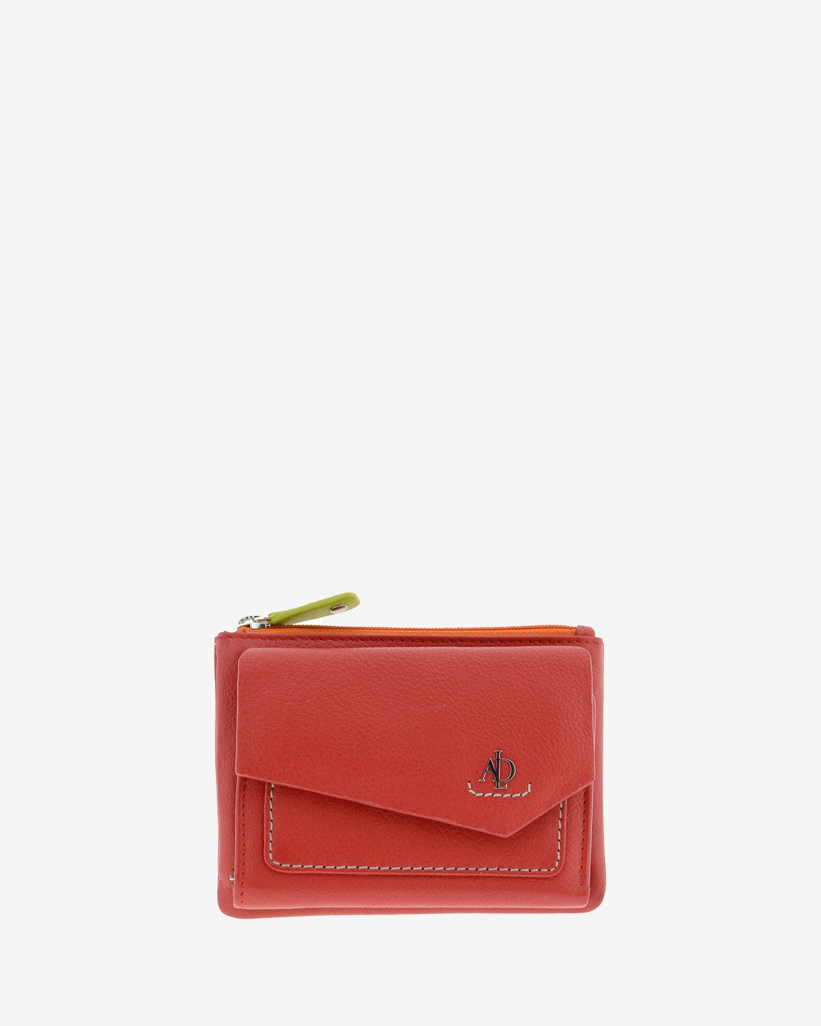Cartera de mujer pequeña de piel de napa extra suave en color rojo, con bolsillo y solapa frontal, vista frontal centrada, referencia 4207-3