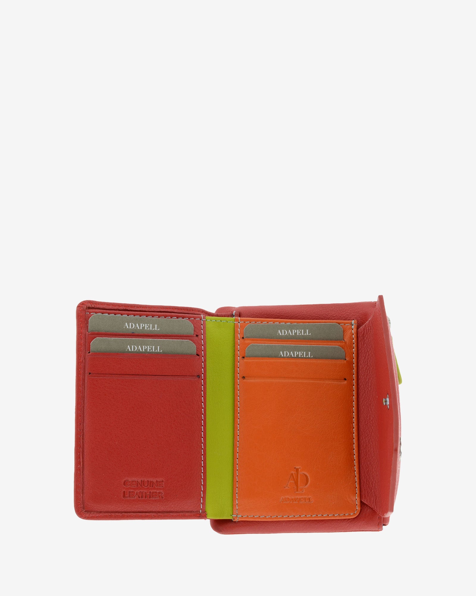 Cartera de mujer pequeña de piel de napa extra suave en color rojo, vista interior con compartimentos para tarjetas, billetes y dos compartimentos verticales, referencia 4207-3