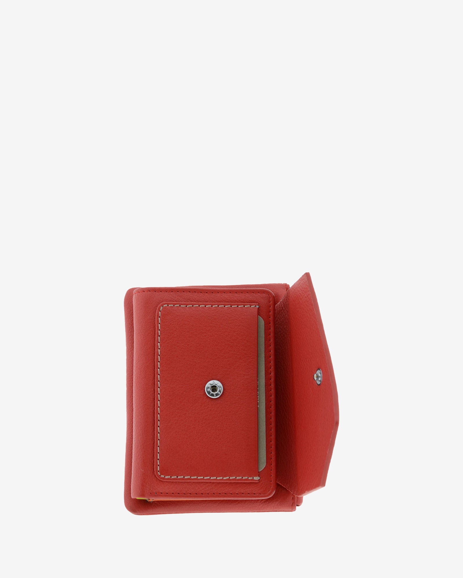 Cartera de mujer pequeña de piel de napa extra suave en color rojo, con bolsillo y solapa frontal, vista frontal abierta, referencia 4207-3