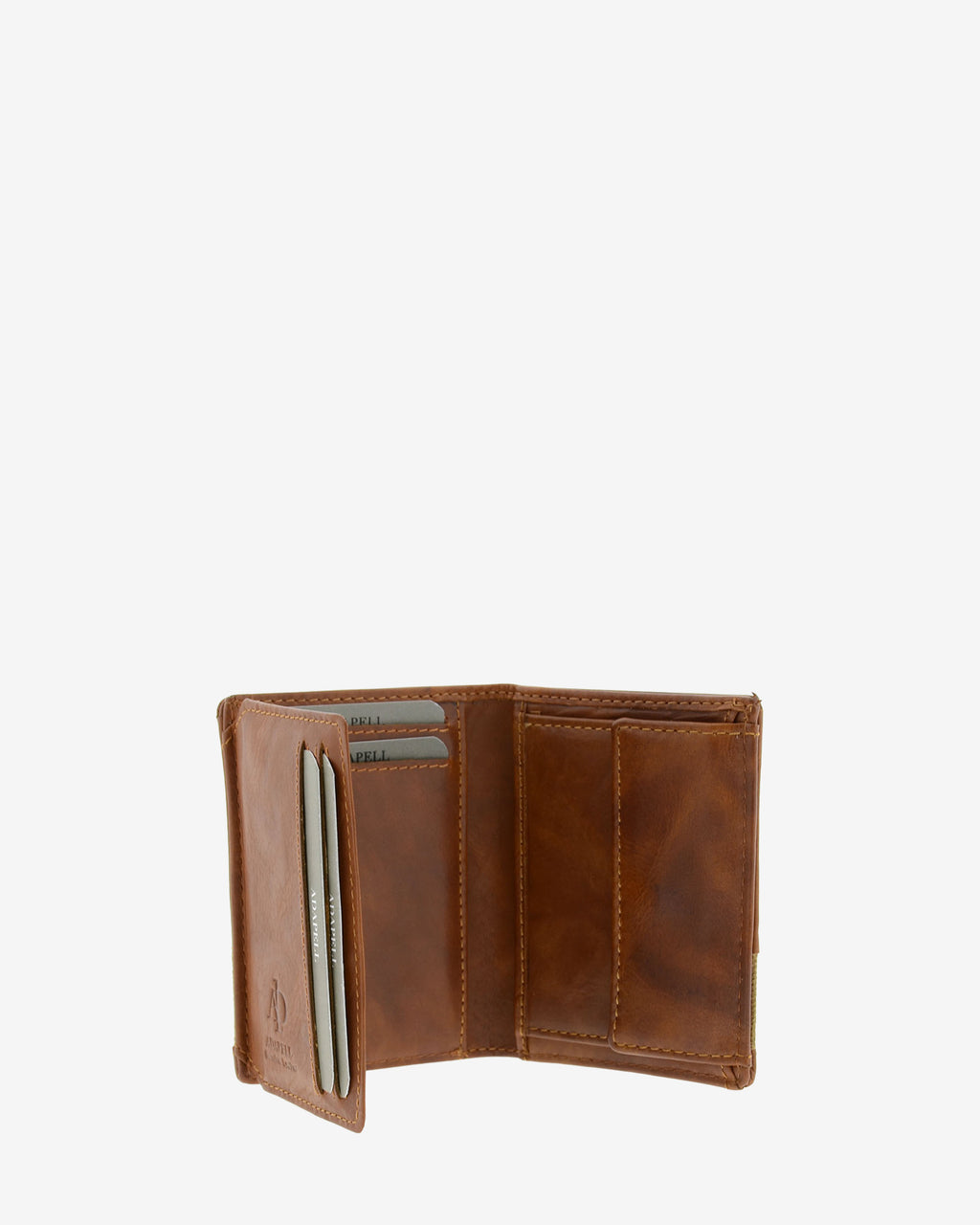 Cartera de piel cuero abierta en ángulo mostrando ranuras para tarjetas y monedero interior, referencia 1618-6