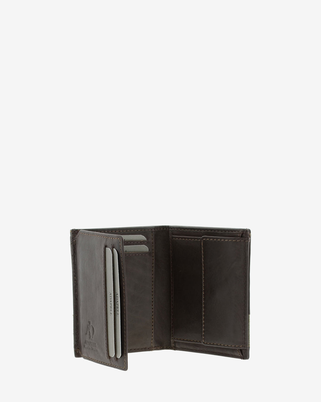 Cartera de piel marron abierta en ángulo mostrando ranuras para tarjetas y monedero interior, referencia 1618-2