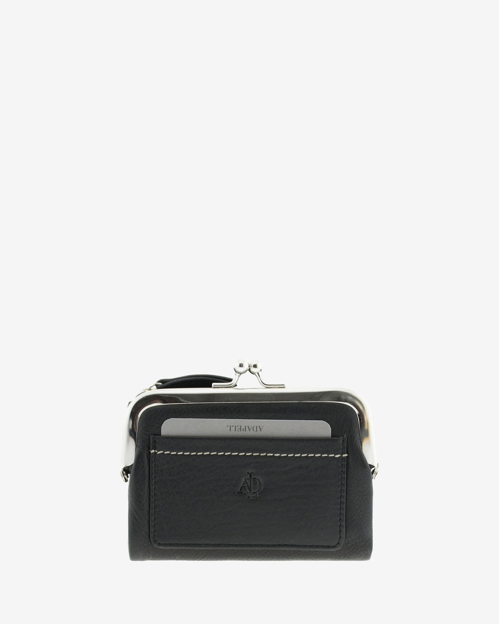 Cartera de piel napa de color negro, vista frontal plana mostrando compartimento exterior y boquilla, referencia 8069-1