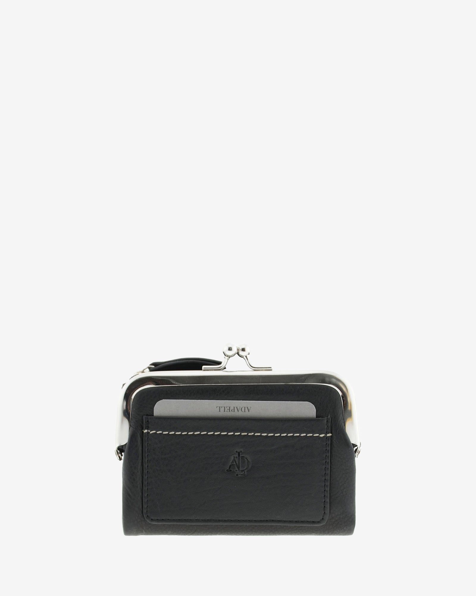 Cartera de piel napa de color negro, vista frontal plana mostrando compartimento exterior y boquilla, referencia 8069-1