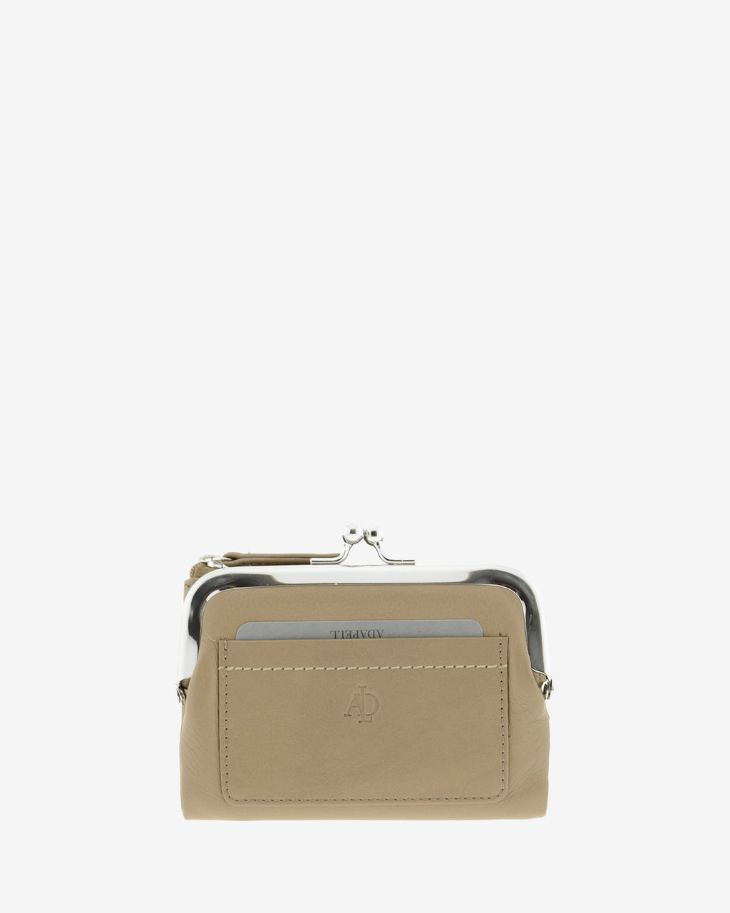 Cartera de piel Napa de color topo, vista frontal plana mostrando compartimento exterior y boquilla, referencia 8069-12