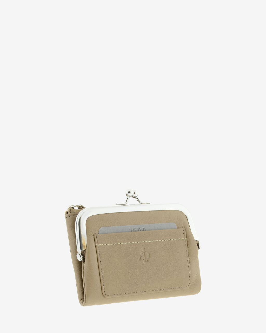 Cartera de piel Napa de color topo, vista frontal y lateral mostrando compartimento exterior y boquilla, referencia 8069-12
