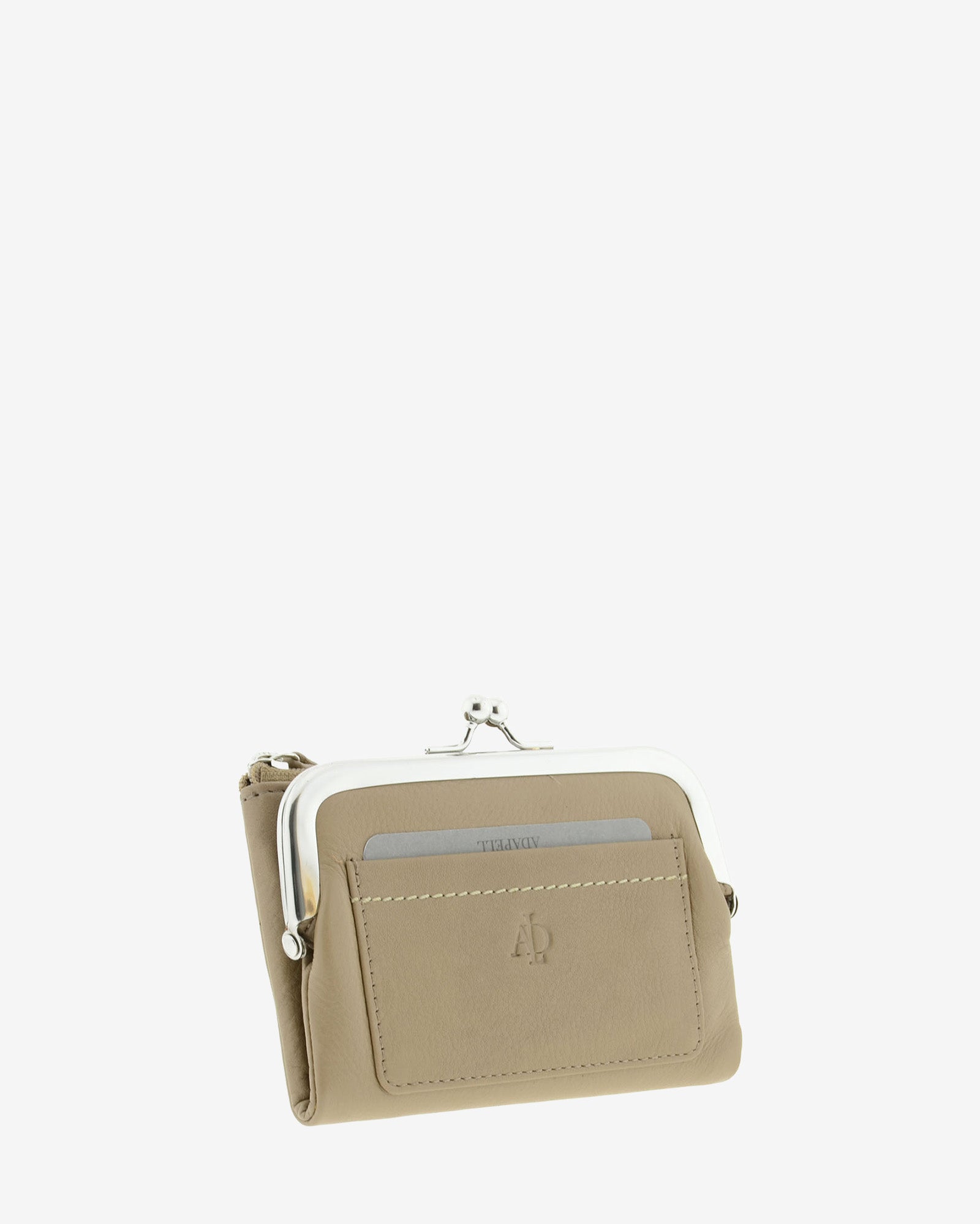 Cartera de piel Napa de color topo, vista frontal y lateral mostrando compartimento exterior y boquilla, referencia 8069-12