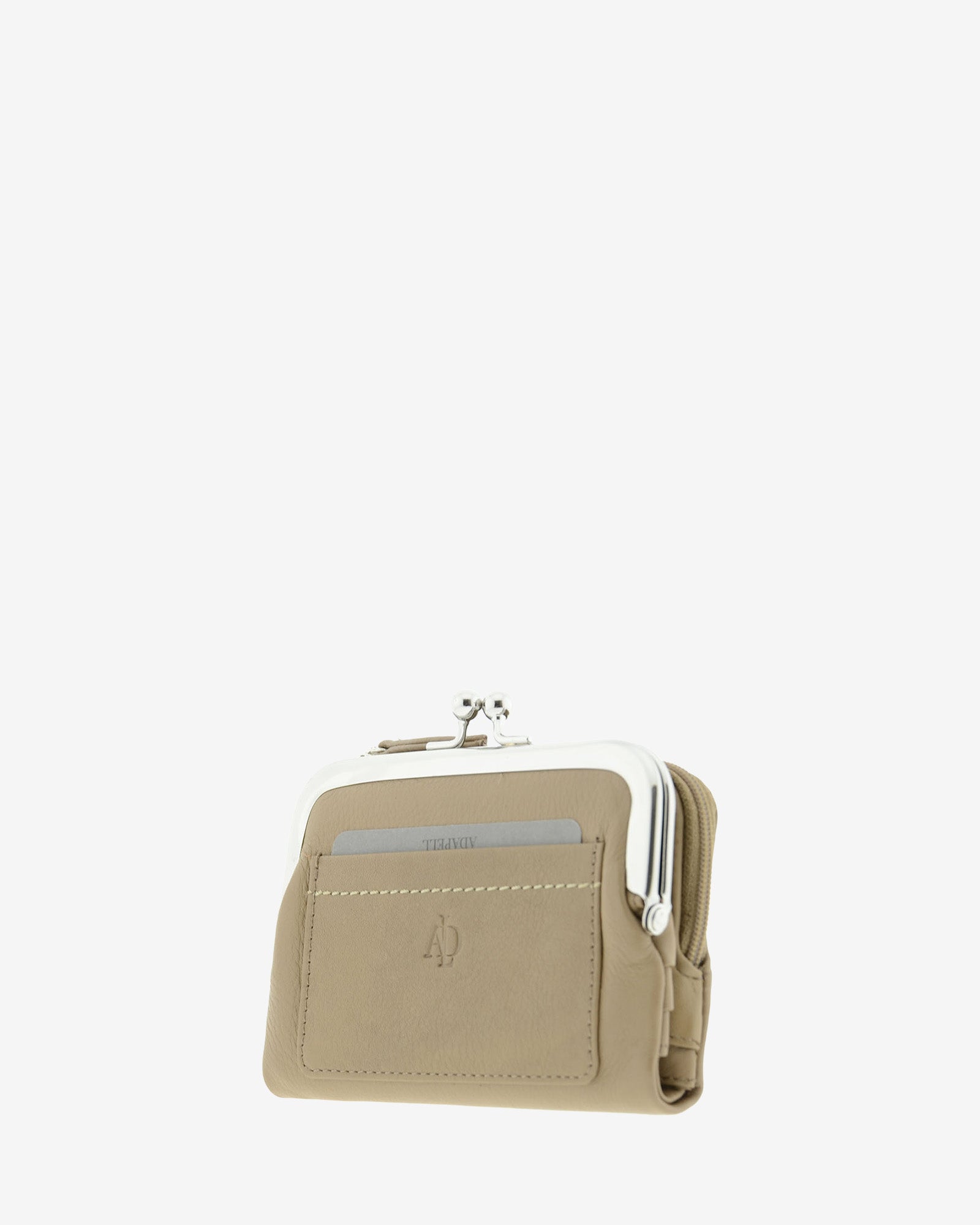 Cartera de piel Napa de color topo, vista 2 frontal y lateral mostrando compartimento exterior y boquilla, referencia 8069-12