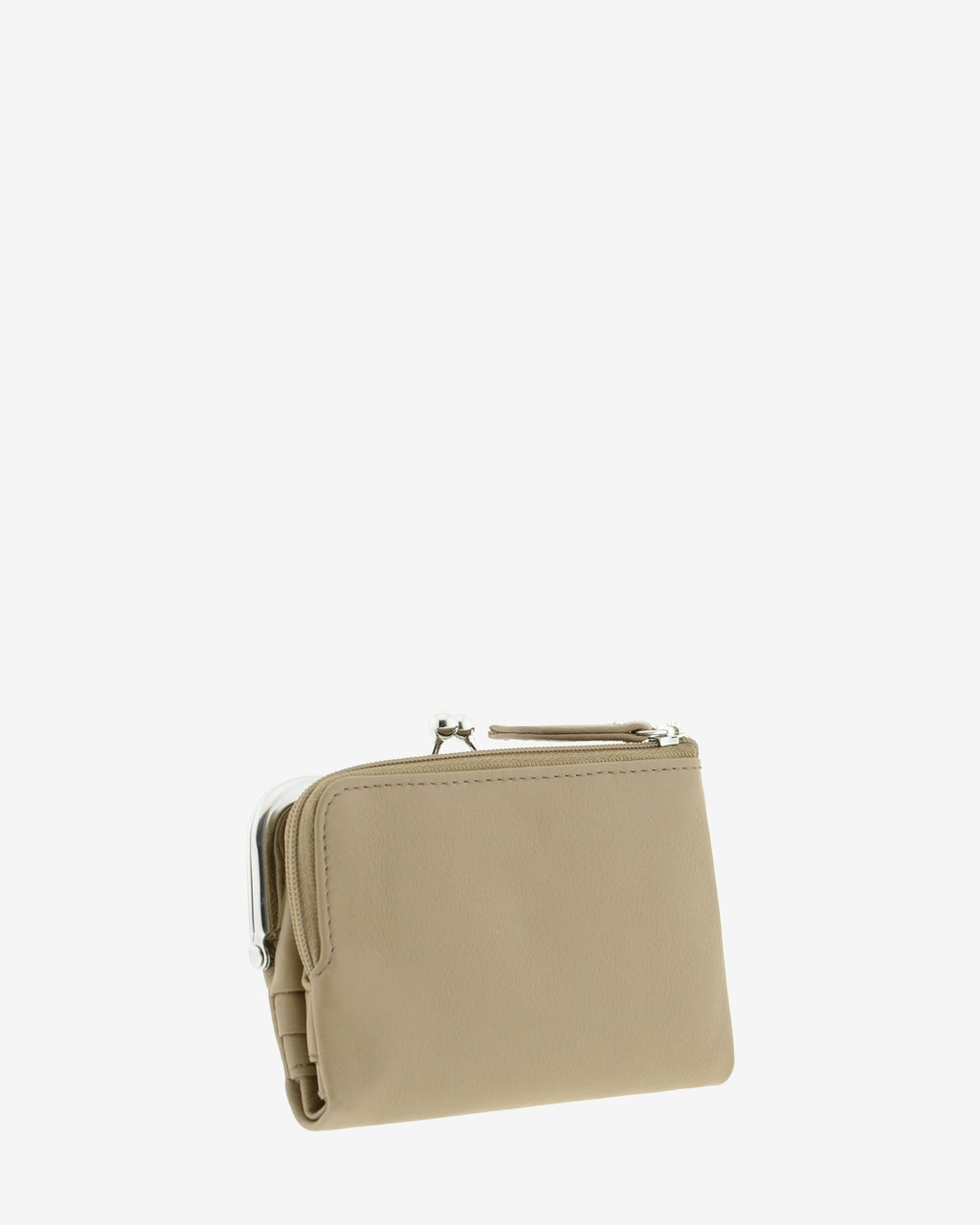 Cartera de piel Napa de color topo, vista trasera mostrando compartimento exterior con cremallera, referencia 8069-12