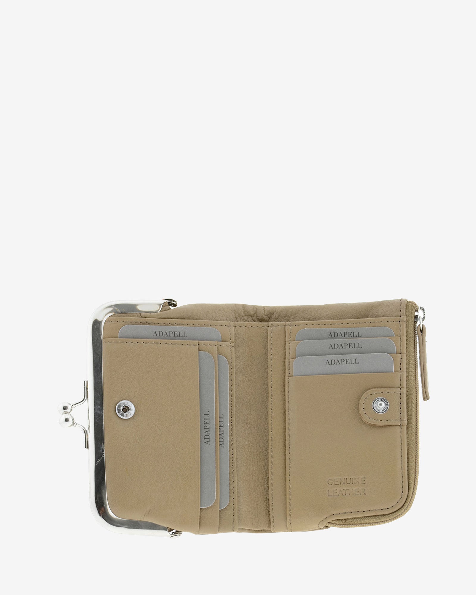 Cartera de piel Napa de color topo, vista interior mostrando compartimentos interiores y cierre de botón, referencia 8069-12