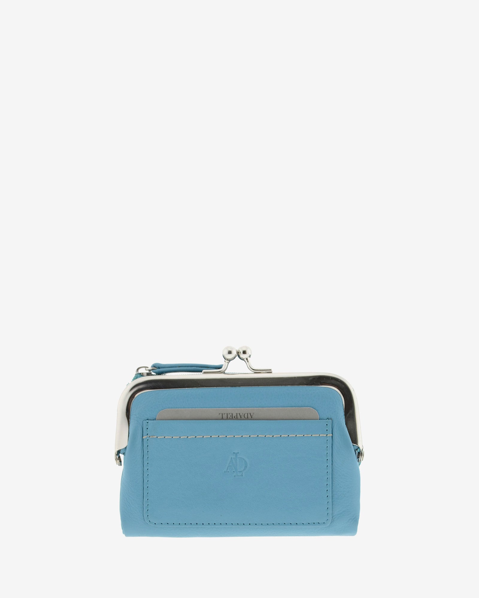 Cartera de piel Napa de color azul vista frontal plana mostrando compartimento exterior y boquilla, referencia 8069-14