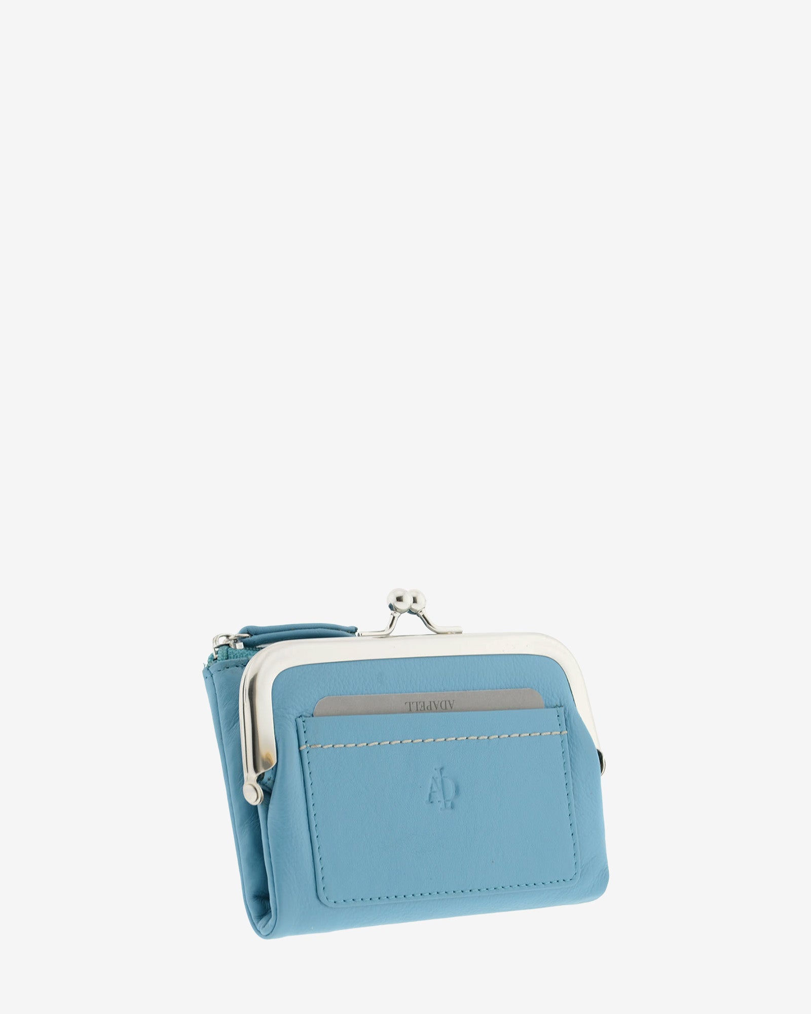 Cartera de piel Napa de color azul, vista frontal y lateral mostrando compartimento exterior y boquilla, referencia 8069-14