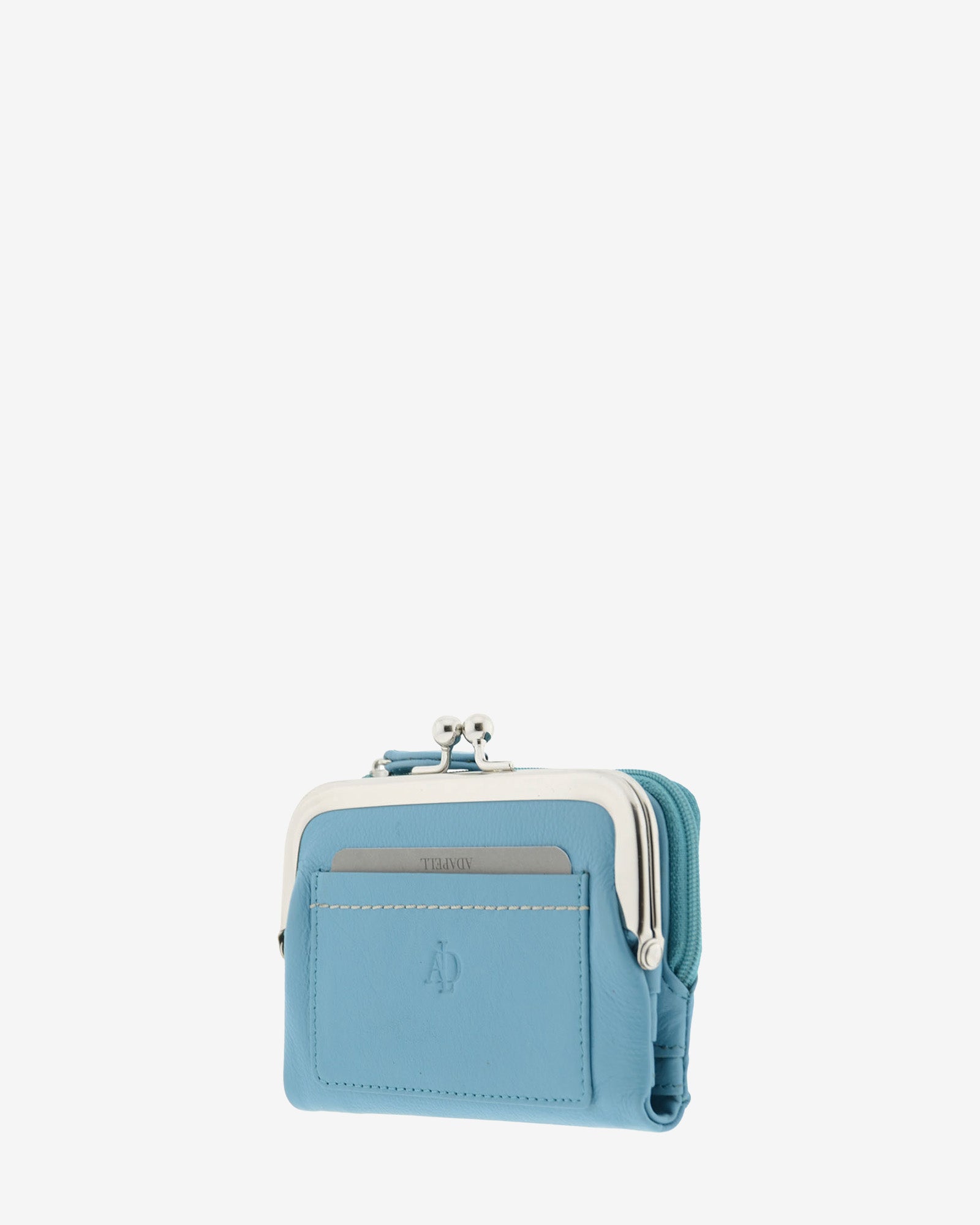 Cartera de piel Napa de color azul, vista 2 frontal y lateral mostrando compartimento exterior y boquilla, referencia 8069-14