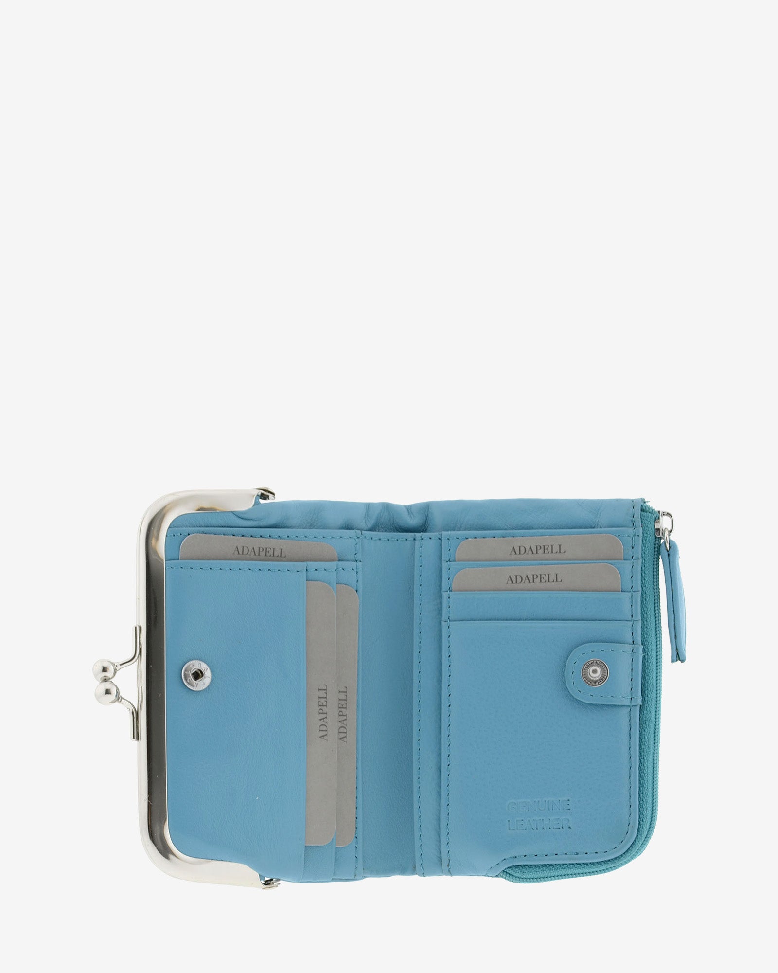 Cartera de piel Napa de color azul, vista interior mostrando compartimentos interiores y cierre de botón, referencia 8069-14