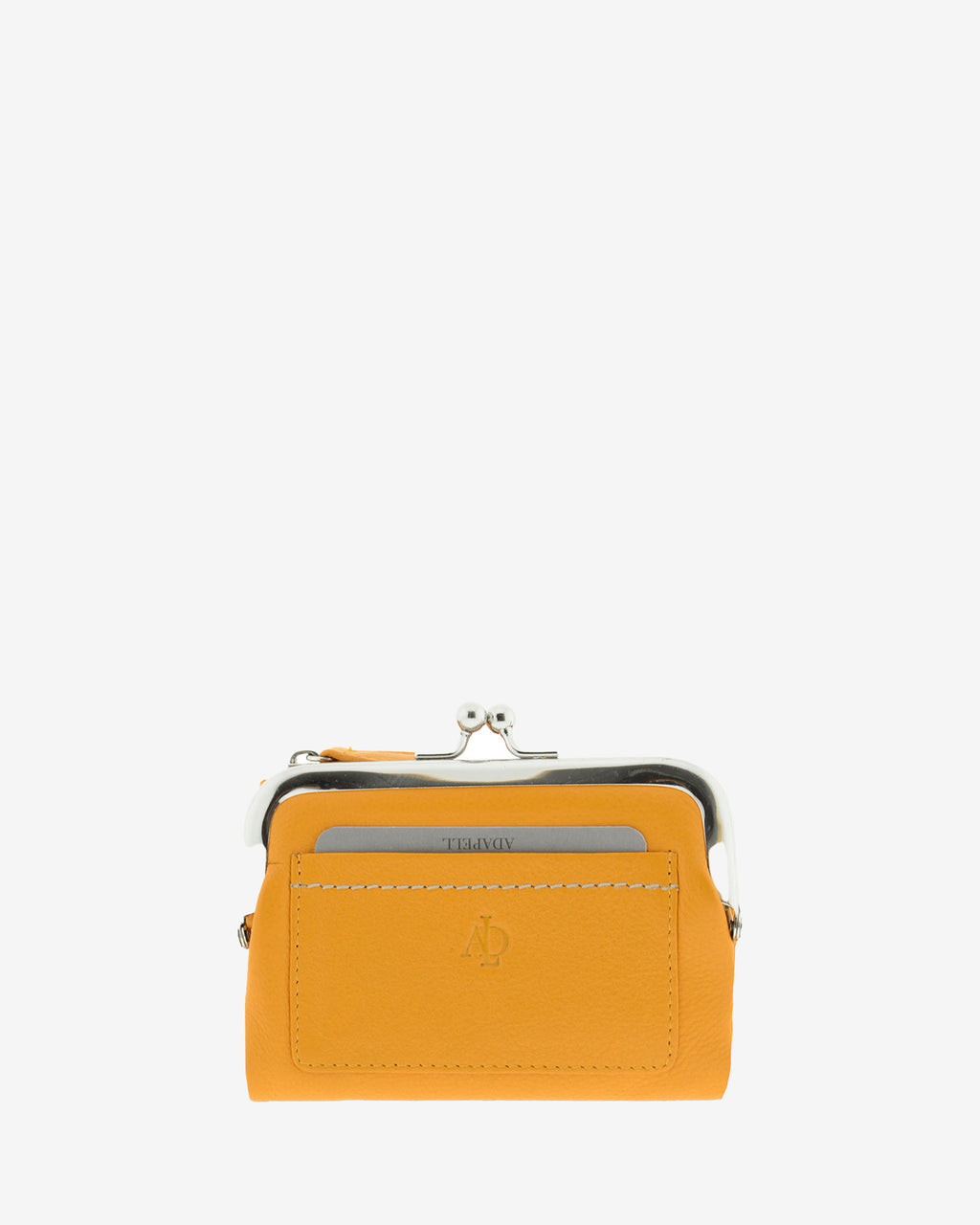Cartera de piel Napa de color mostaza, vista frontal plana mostrando compartimento exterior y boquilla, referencia 8069-15