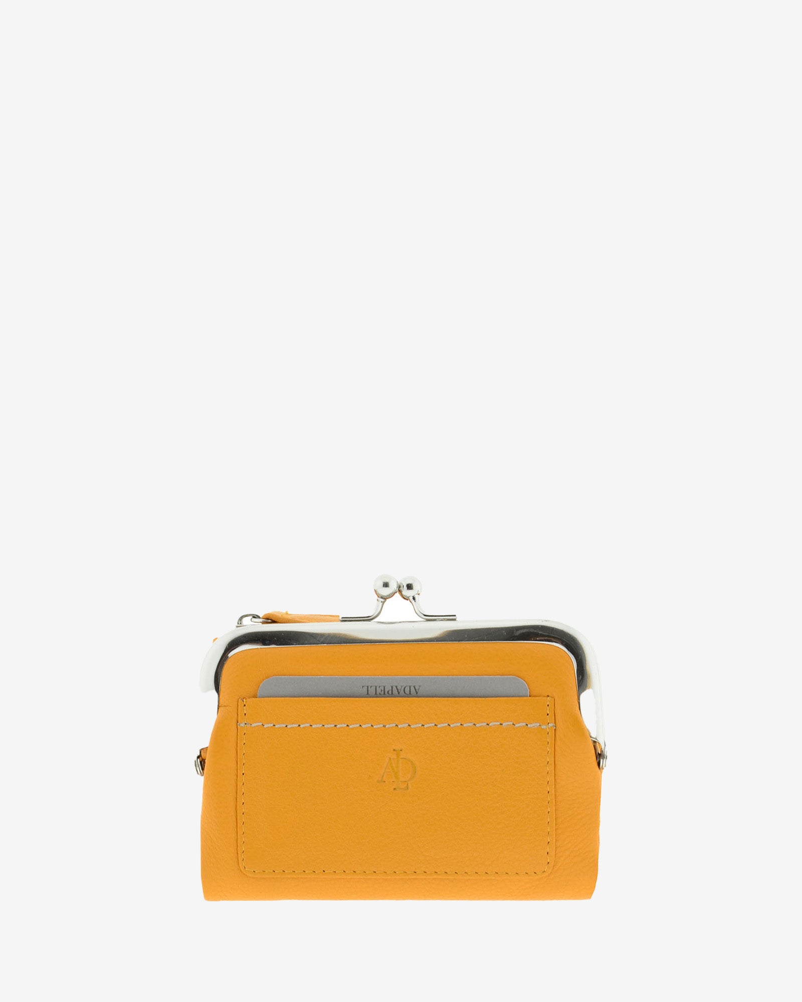 Cartera de piel Napa de color mostaza, vista frontal plana mostrando compartimento exterior y boquilla, referencia 8069-15