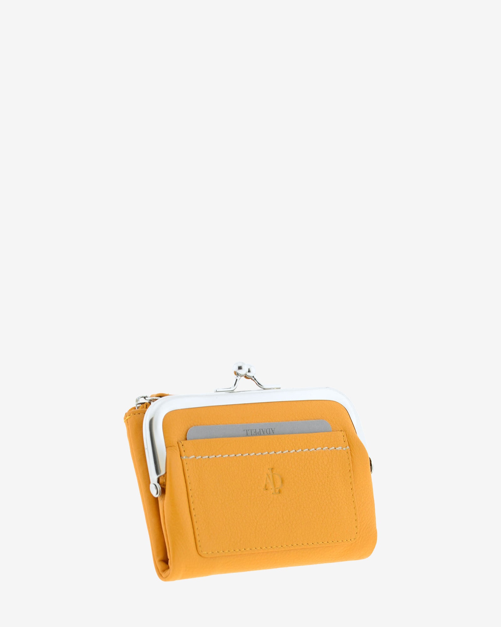 Cartera de piel Napa de color mostaza, vista frontal y lateral mostrando compartimento exterior y boquilla, referencia 8069-15