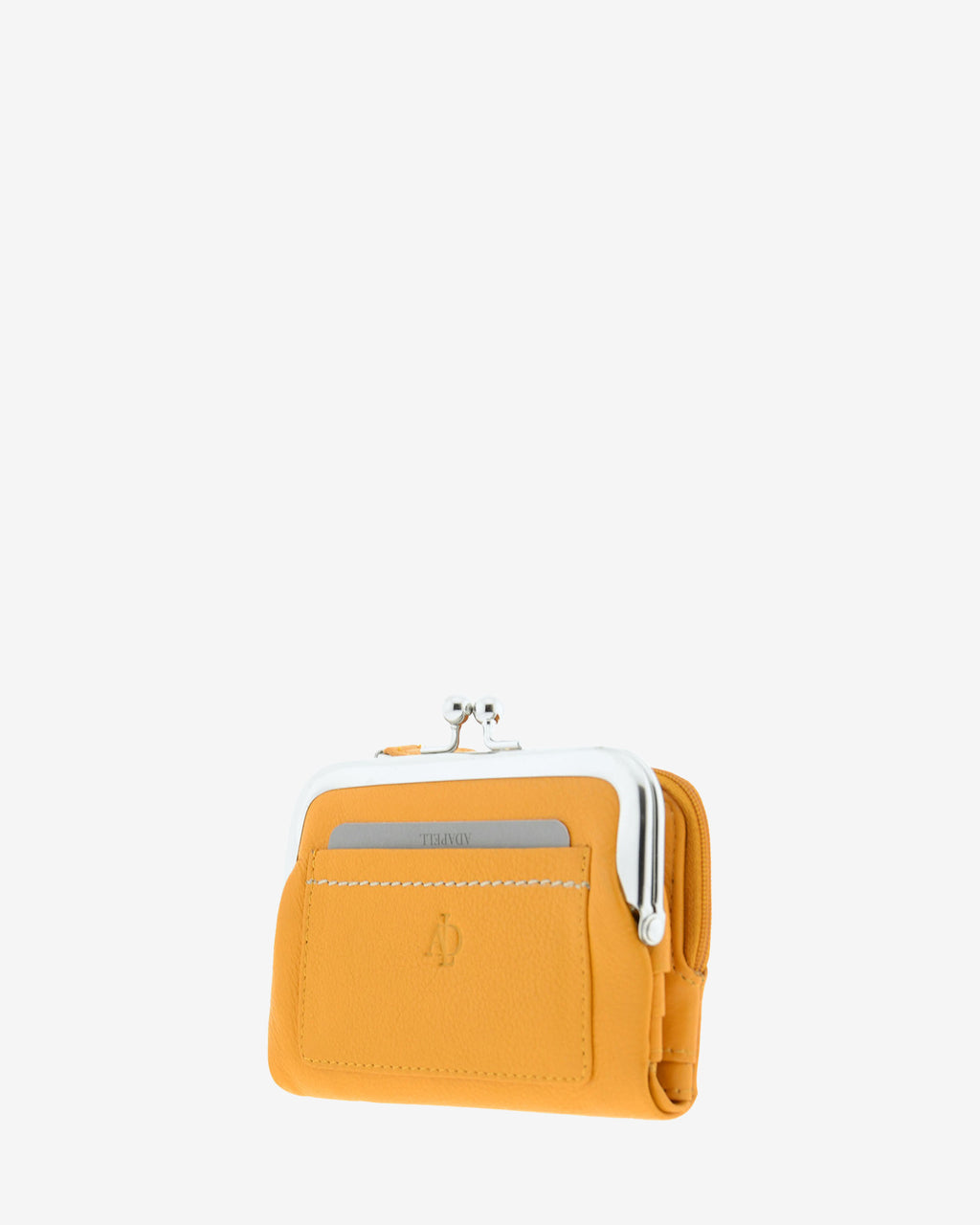 Cartera de piel Napa de color mostaza, segunda vista frontal y lateral mostrando compartimento exterior y boquilla, referencia 8069-15