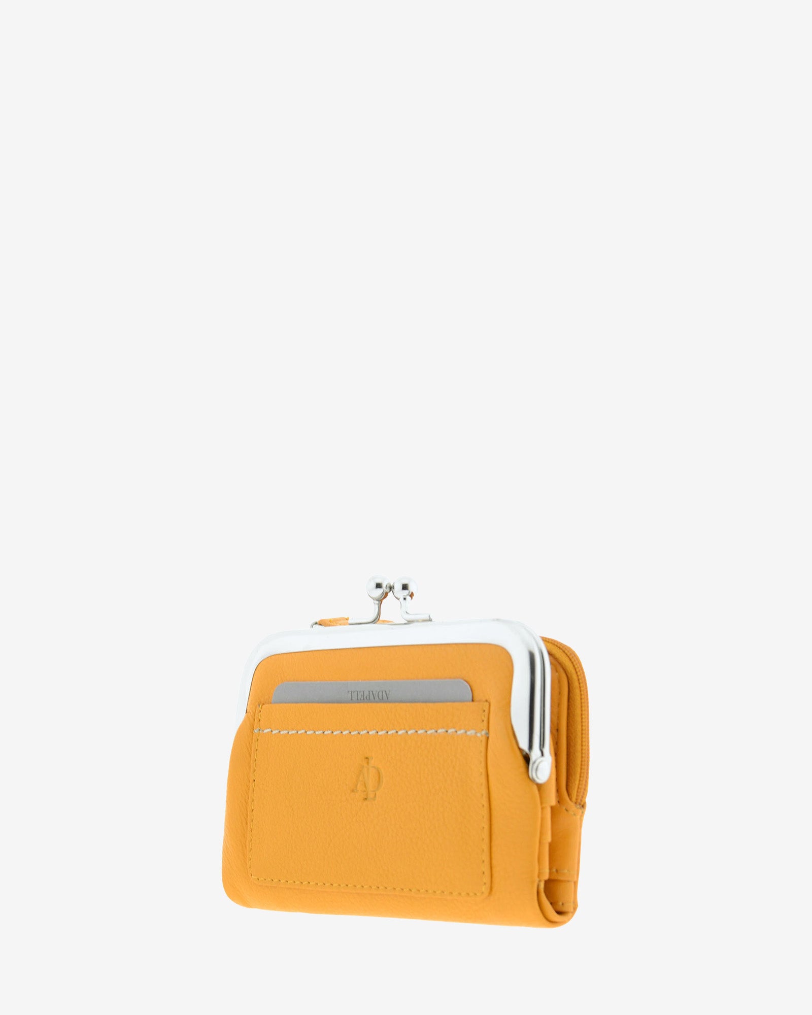 Cartera de piel Napa de color mostaza, segunda vista frontal y lateral mostrando compartimento exterior y boquilla, referencia 8069-15