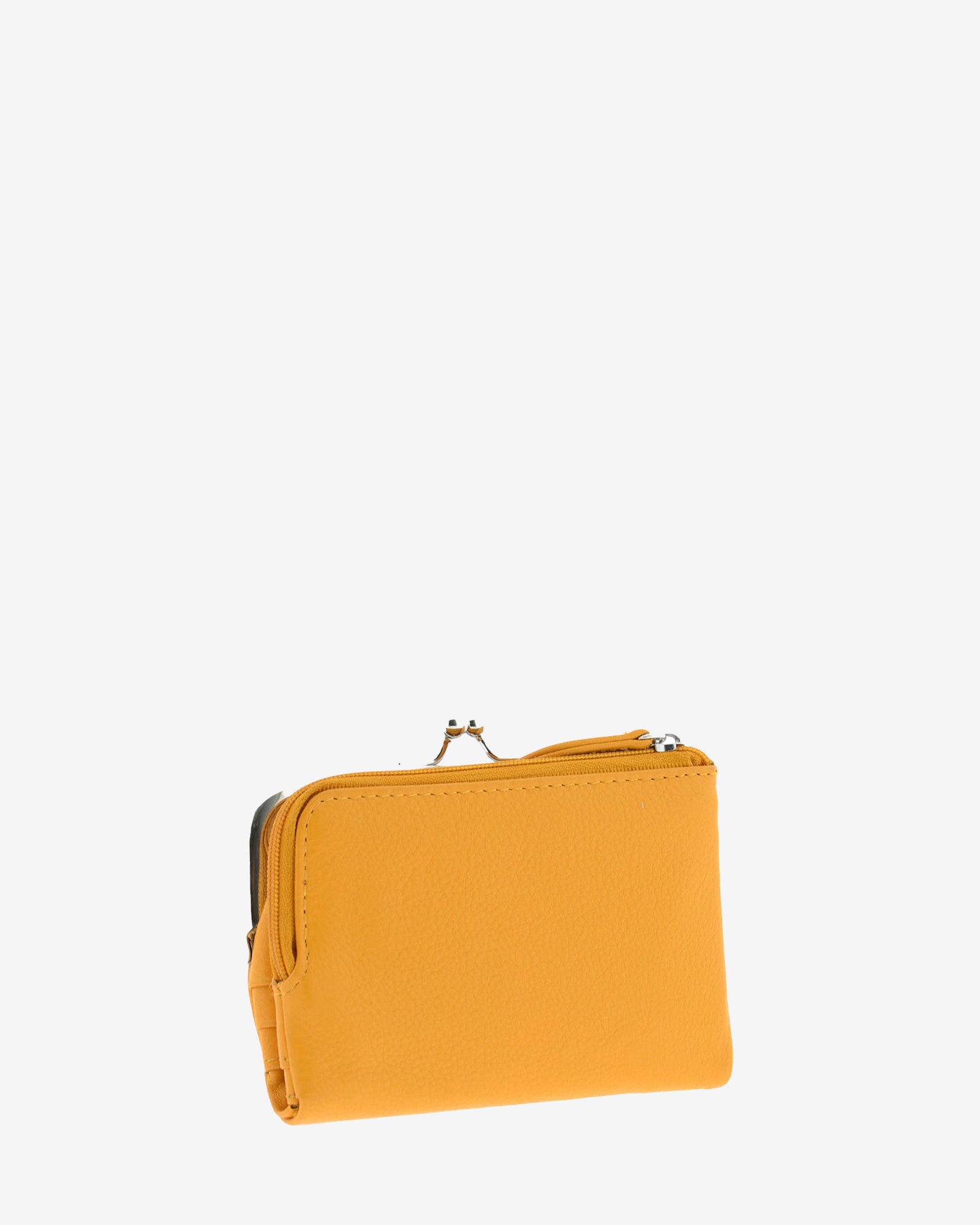 Cartera de piel Napa de color mostaza, vista trasera mostrando compartimento exterior con cremallera, referencia 8069-15
