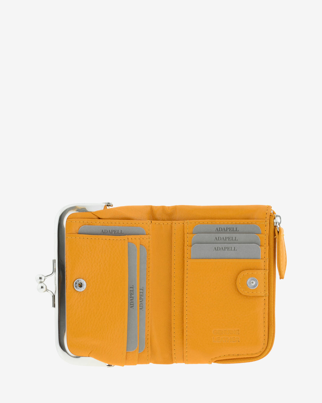 Cartera de piel Napa de color mostaza, vista interior mostrando compartimentos interiores y cierre de botón, referencia 8069-15
