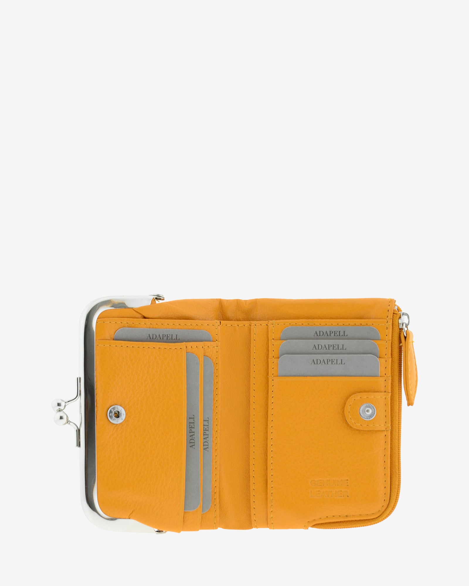 Cartera de piel Napa de color mostaza, vista interior mostrando compartimentos interiores y cierre de botón, referencia 8069-15