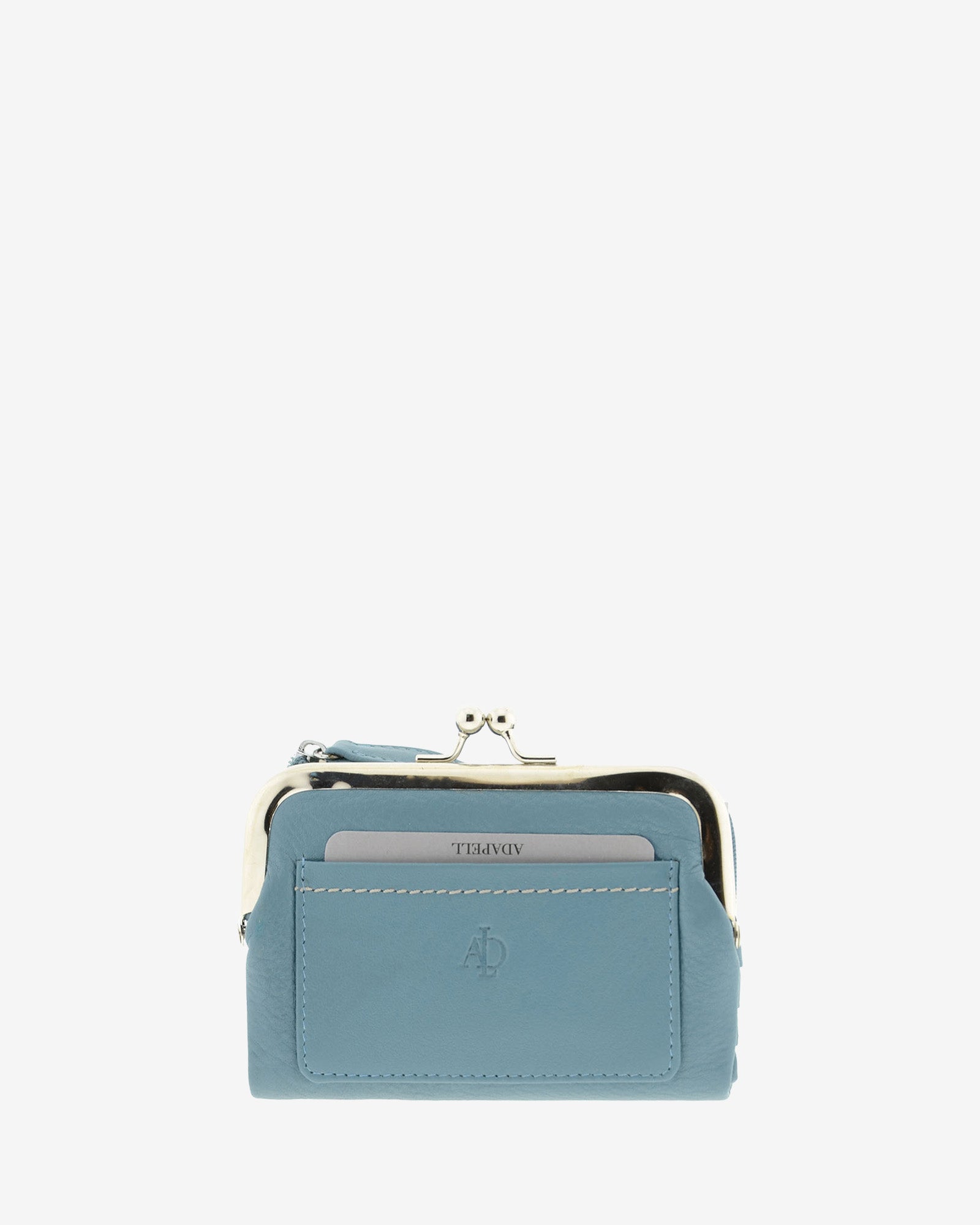 Cartera de piel Napa de color mar, vista frontal plana mostrando compartimento exterior y boquilla, referencia 8069-16