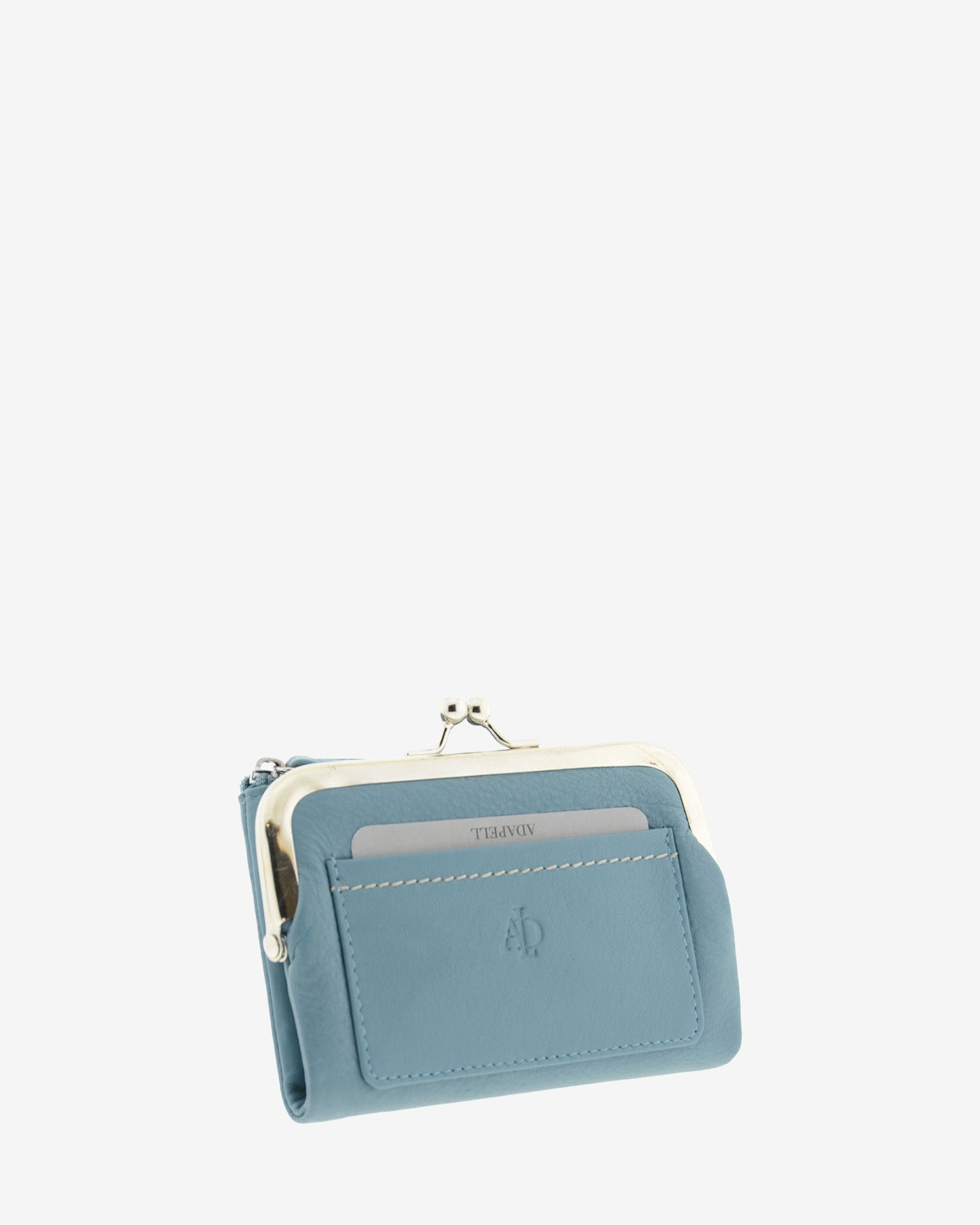 Cartera de piel Napa de color mar, vista frontal y lateral mostrando compartimento exterior y boquilla, referencia 8069-16