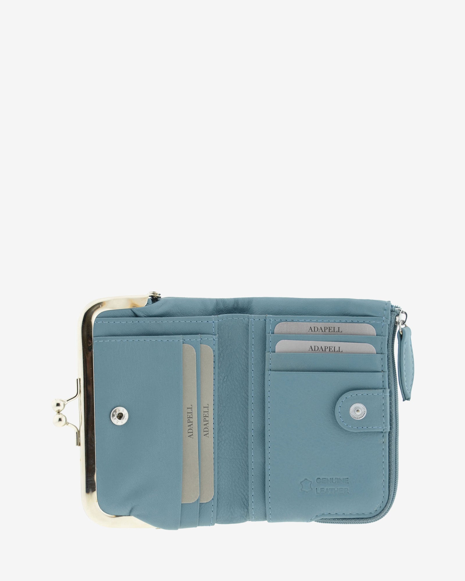 Cartera de piel Napa de color mar, vista interior mostrando compartimentos interiores y cierre de botón, referencia 8069-16