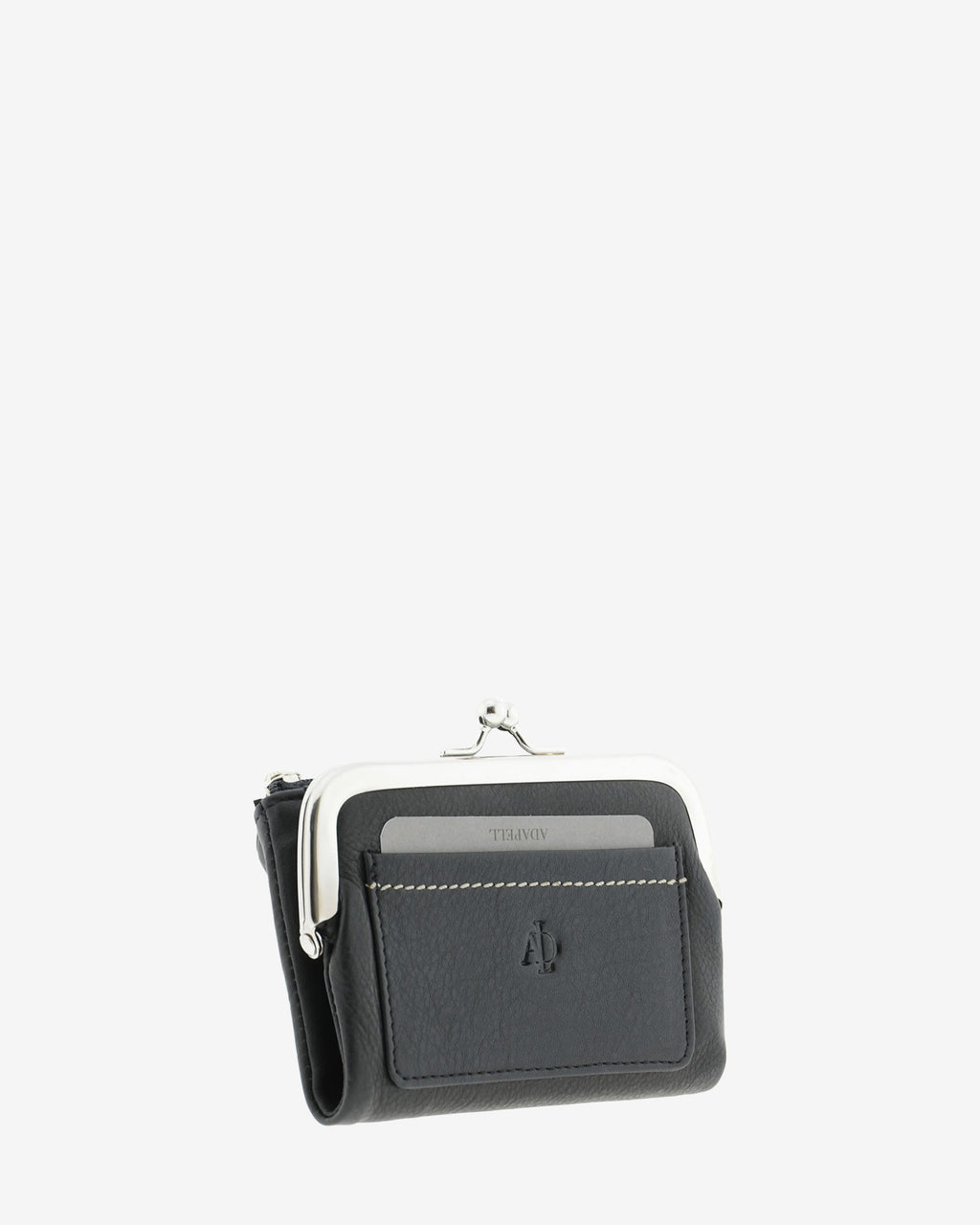 Cartera de piel napa de color negro, vista frontal y lateral mostrando compartimento exterior y boquilla, referencia 8069-1