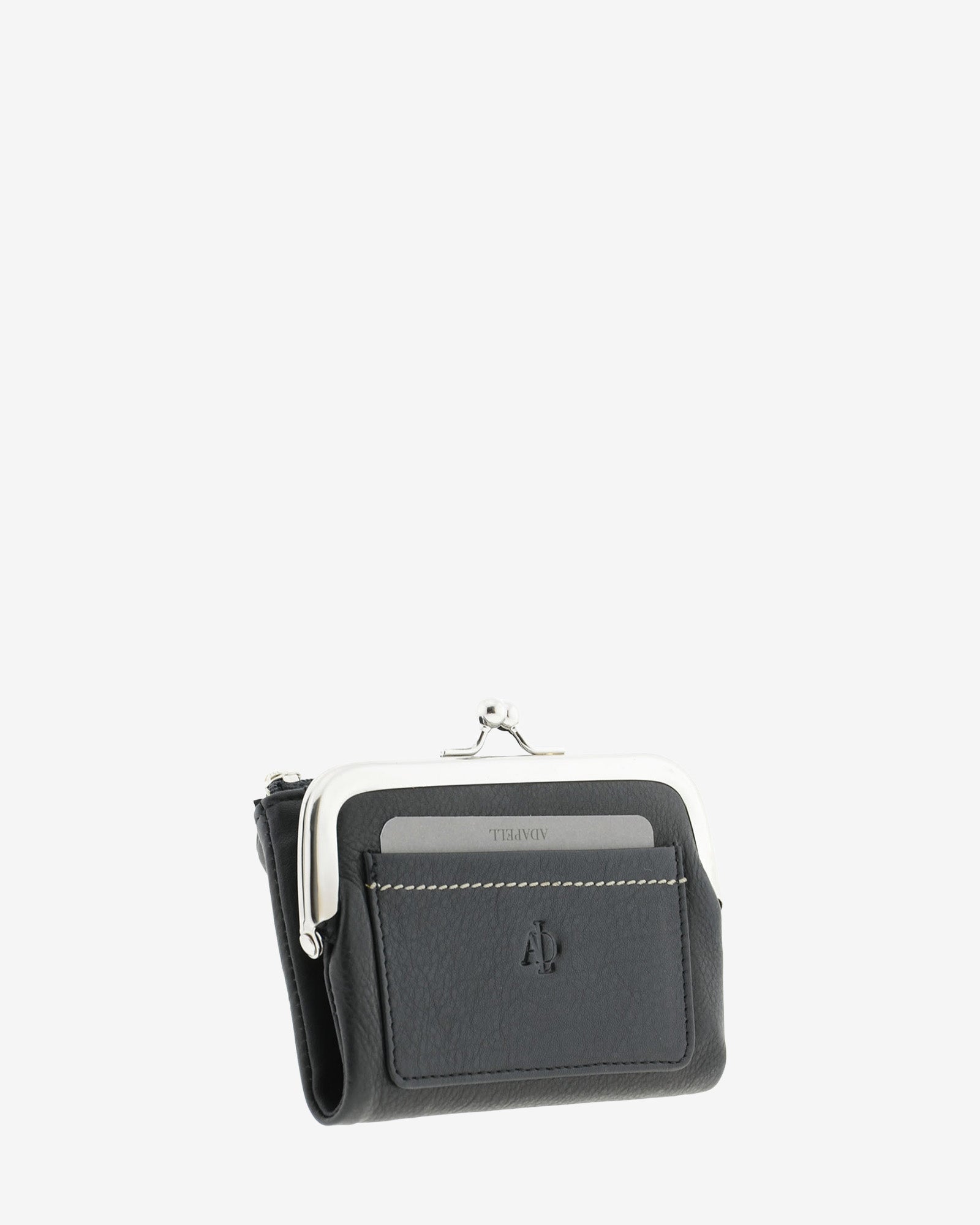 Cartera de piel napa de color negro, vista frontal y lateral mostrando compartimento exterior y boquilla, referencia 8069-1