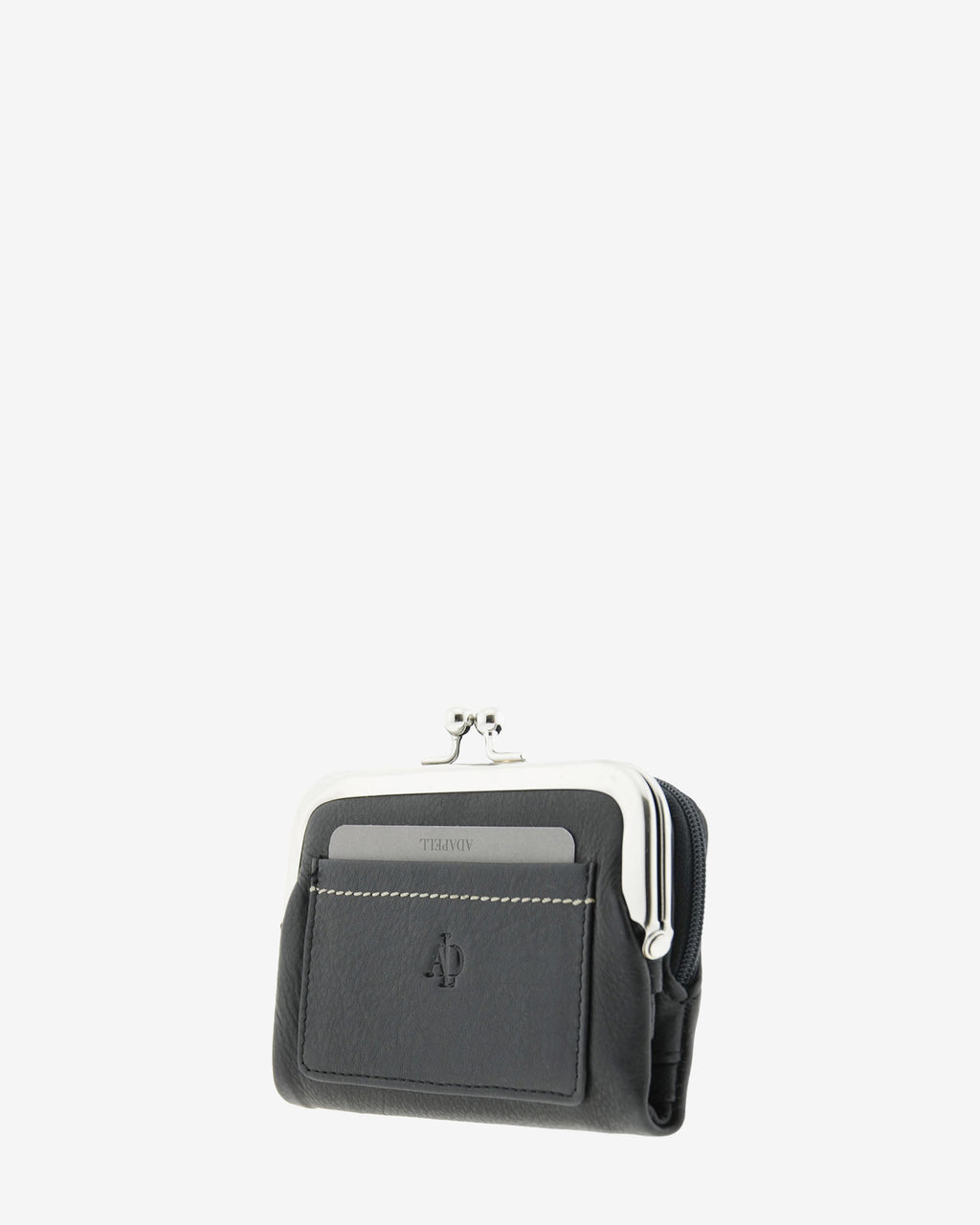 Cartera de piel napa de color negro, vista frontal y lateral  2 mostrando compartimento exterior y boquilla, referencia 8069-1