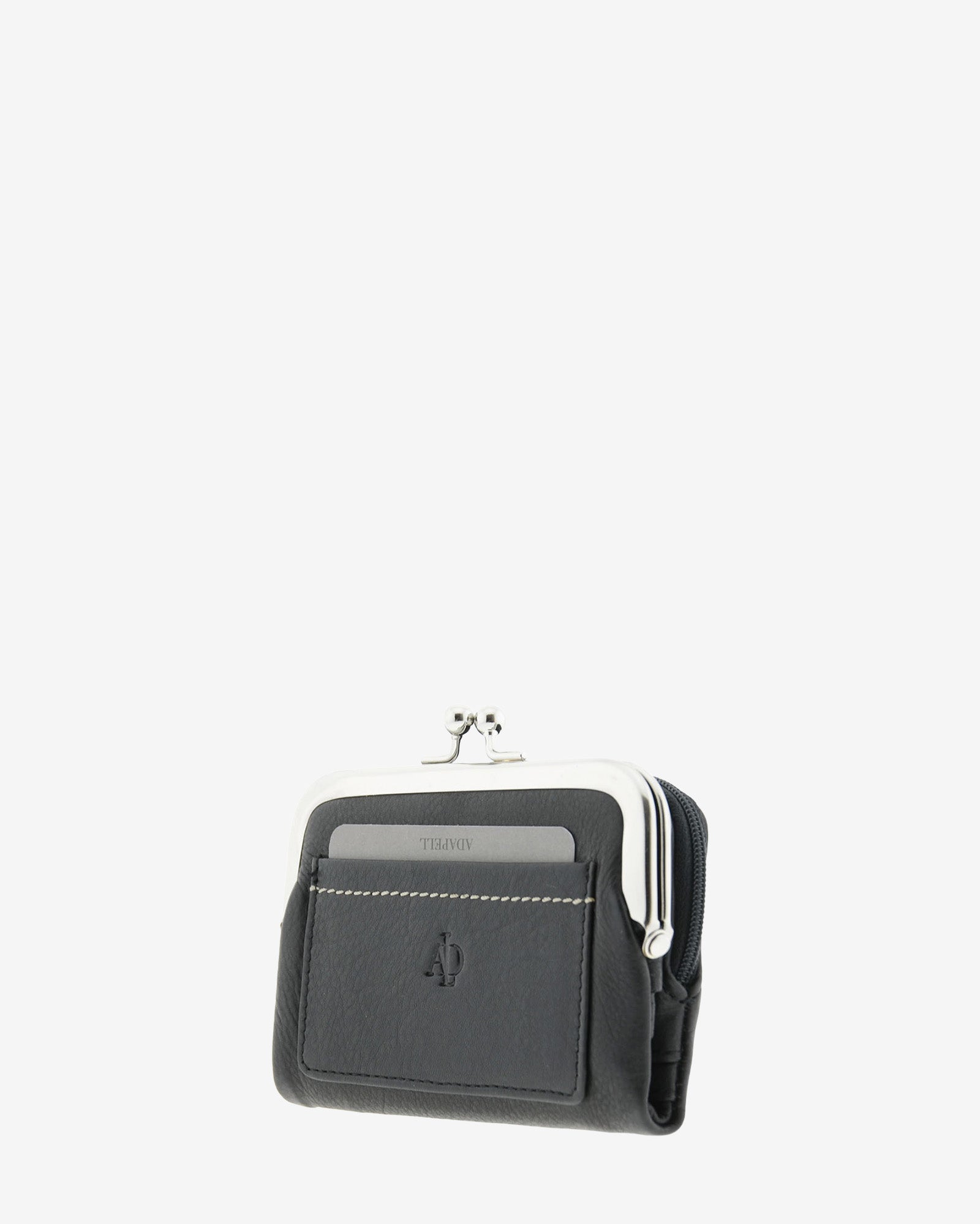 Cartera de piel napa de color negro, vista frontal y lateral  2 mostrando compartimento exterior y boquilla, referencia 8069-1