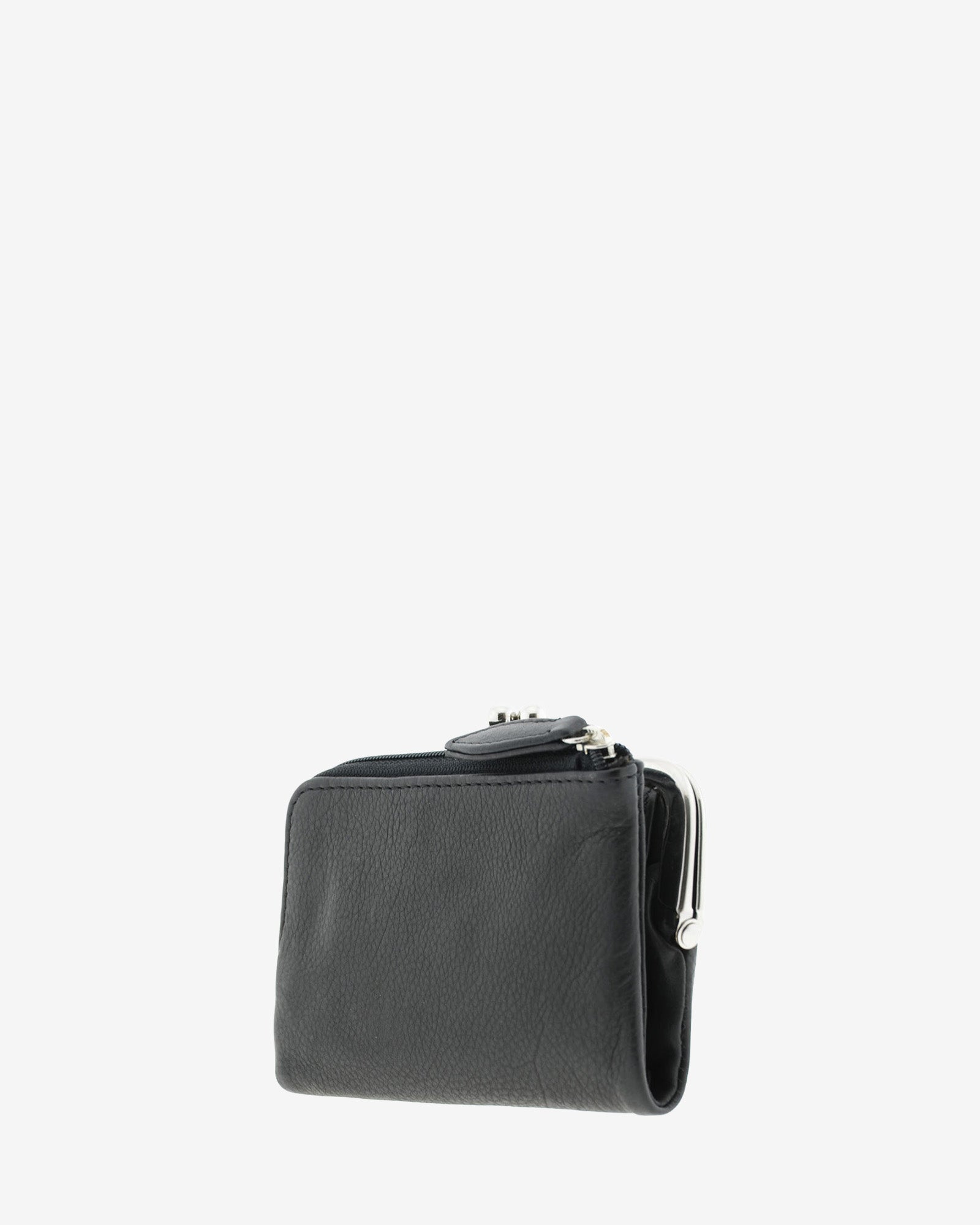 Cartera de piel napa de color negro, vista trasera mostrando compartimento con cremallera, referencia 8069-1