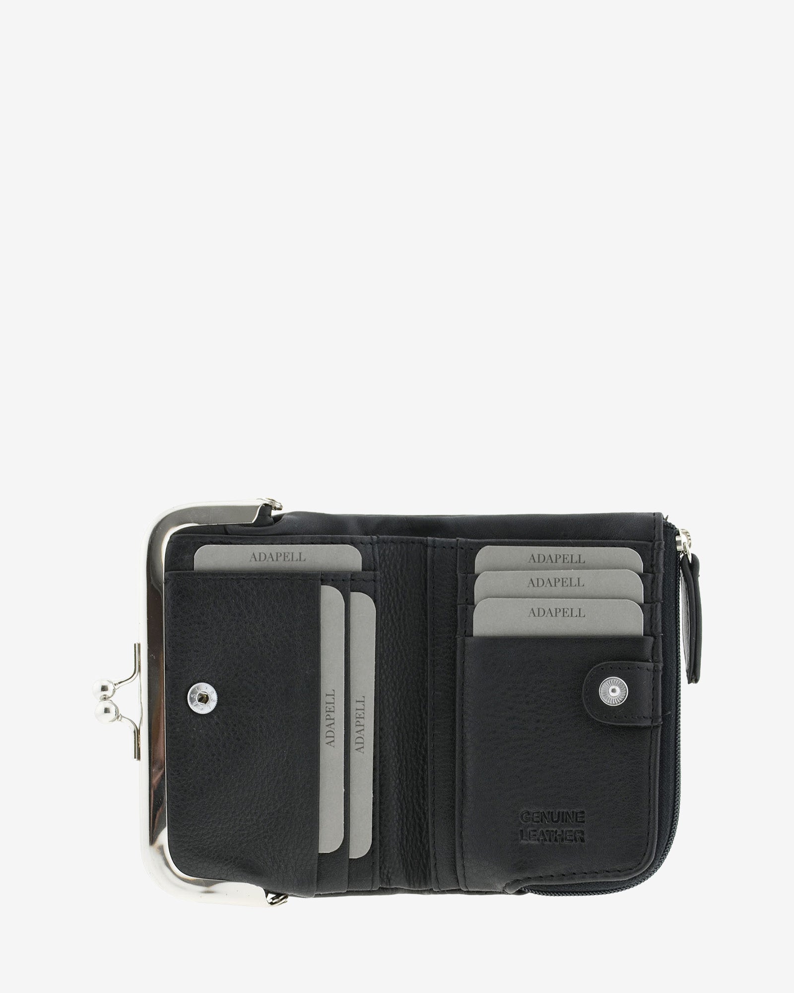 Cartera de piel napa de color negro, vista interior con compartimentos y cierre de botón, referencia 8069-1