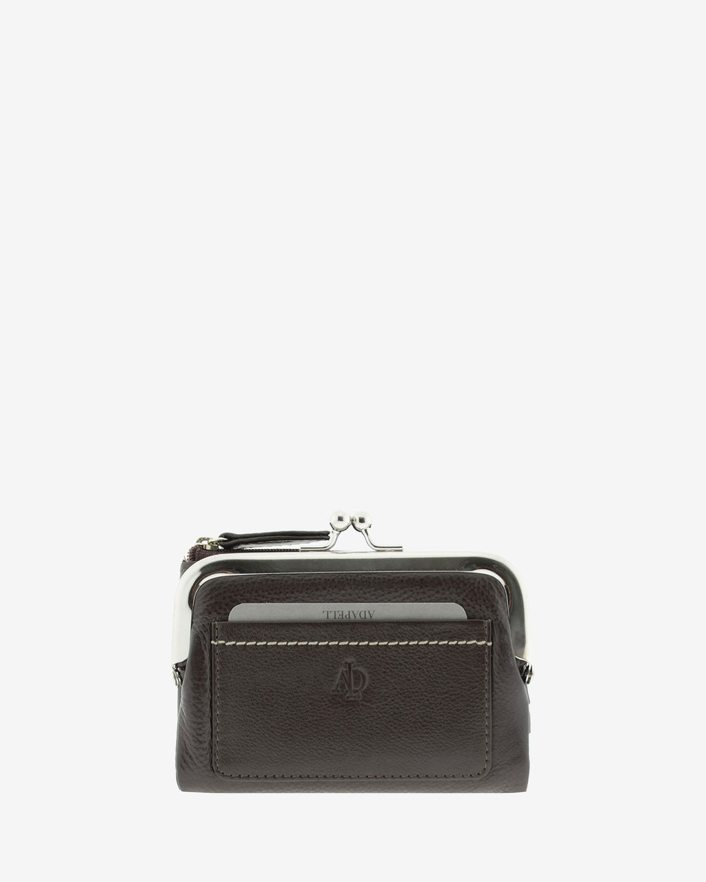 Cartera de piel napa de color marrón, vista frontal plana mostrando compartimento exterior y boquilla, referencia 8069-2