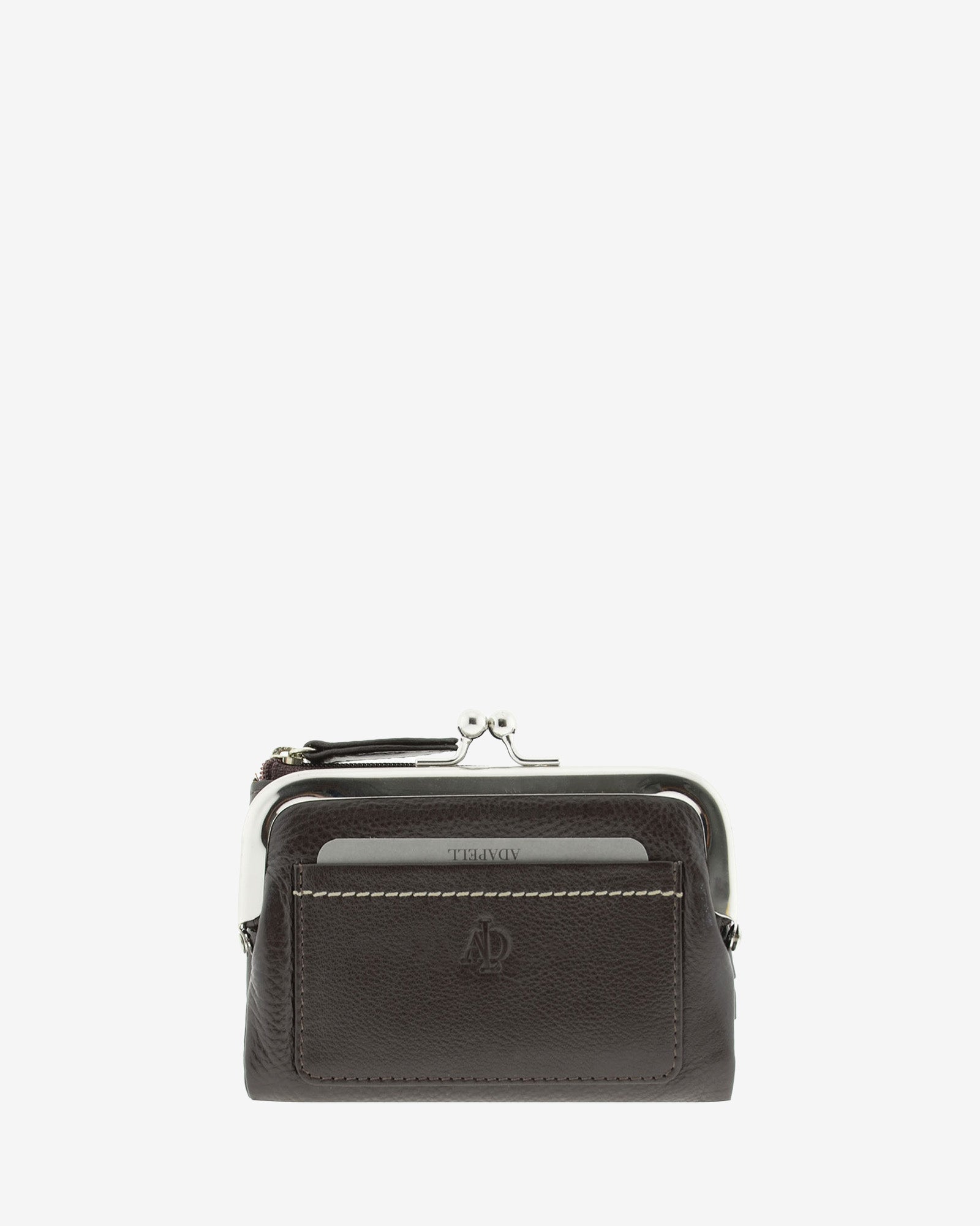 Cartera de piel napa de color marrón, vista frontal plana mostrando compartimento exterior y boquilla, referencia 8069-2