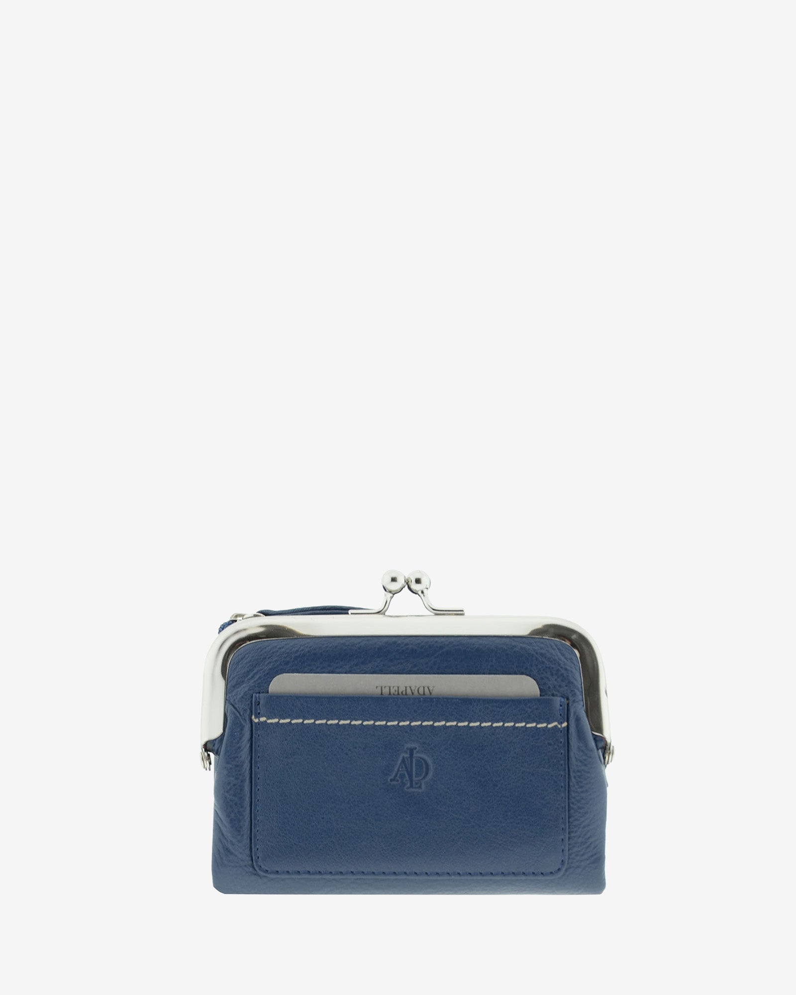 Cartera de piel Napa de color marino, vista frontal plana mostrando compartimento exterior y boquilla, referencia 8069-20