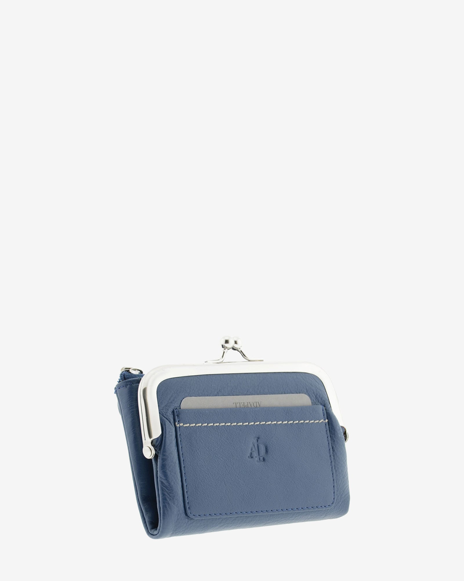 Cartera de piel Napa de color marino, vista frontal y lateral mostrando compartimento exterior y boquilla, referencia 8069-20