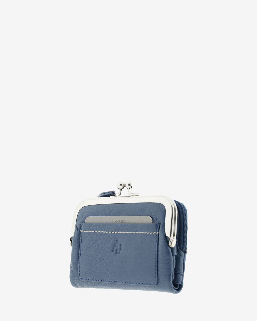 Cartera de piel Napa de color marino, vista  2 frontal y lateral mostrando compartimento exterior y boquilla, referencia 8069-20