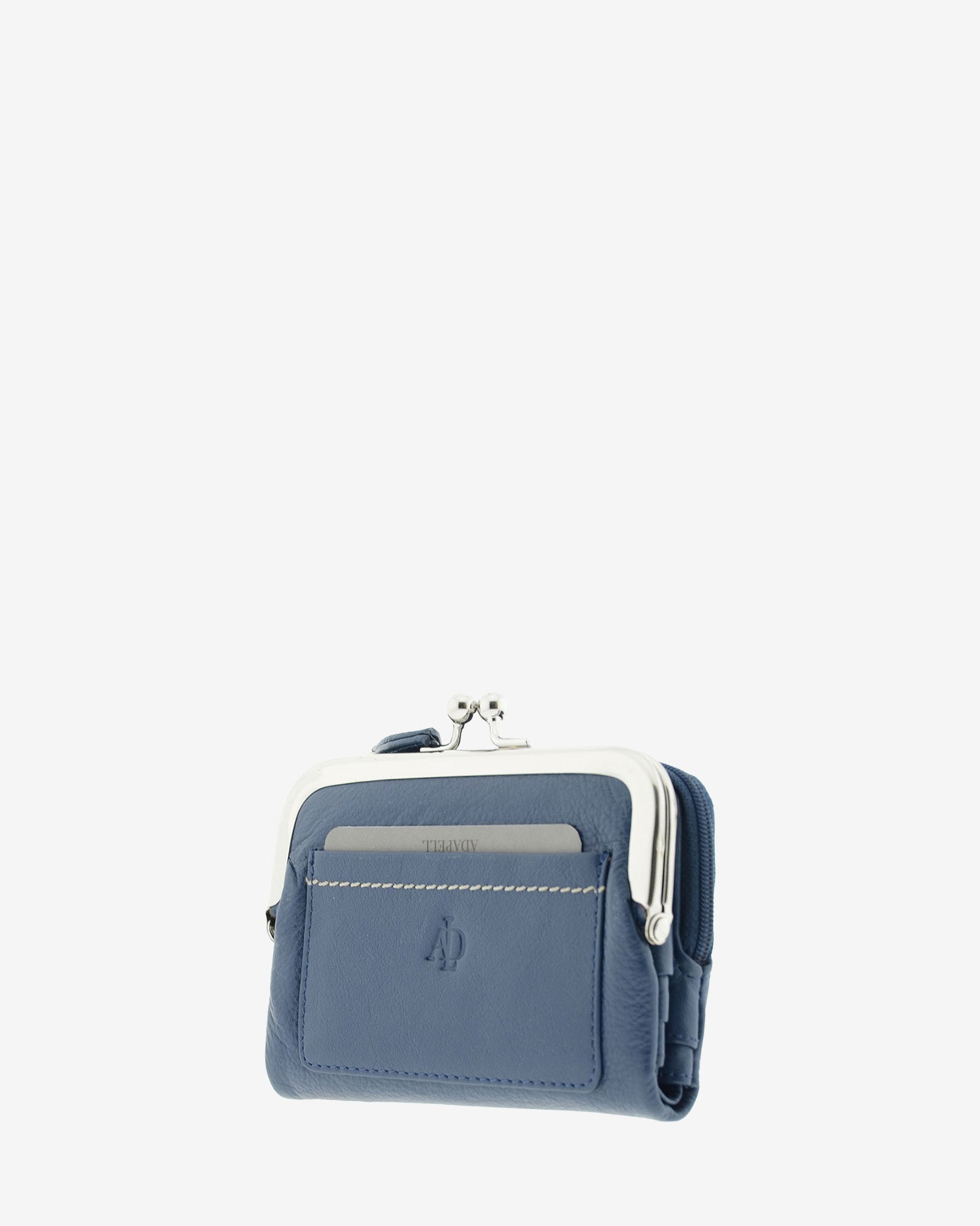 Cartera de piel Napa de color marino, vista  2 frontal y lateral mostrando compartimento exterior y boquilla, referencia 8069-20