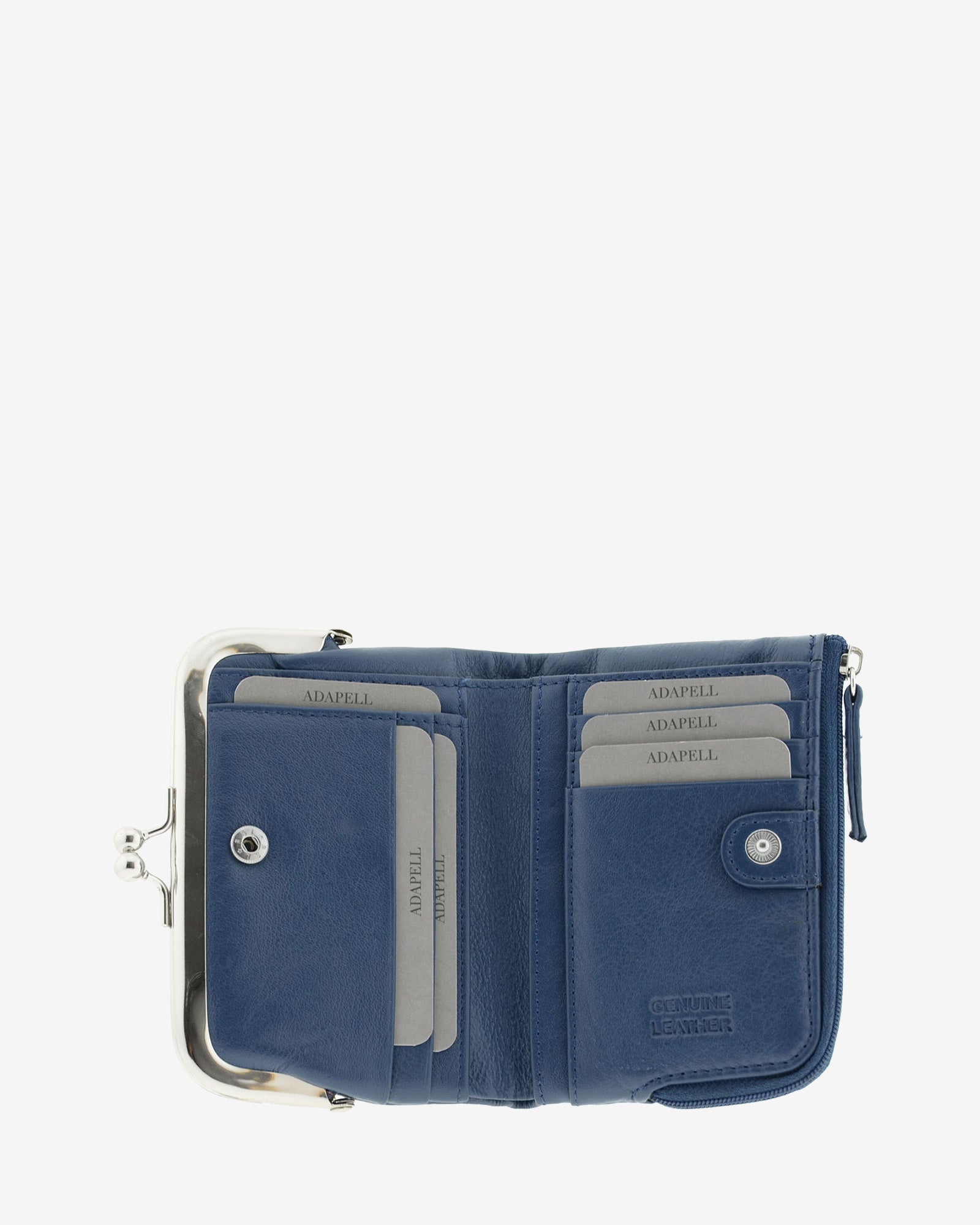 Cartera de piel Napa de color marino, vista interior mostrando compartimentos interiores y cierre de botón, referencia 8069-20