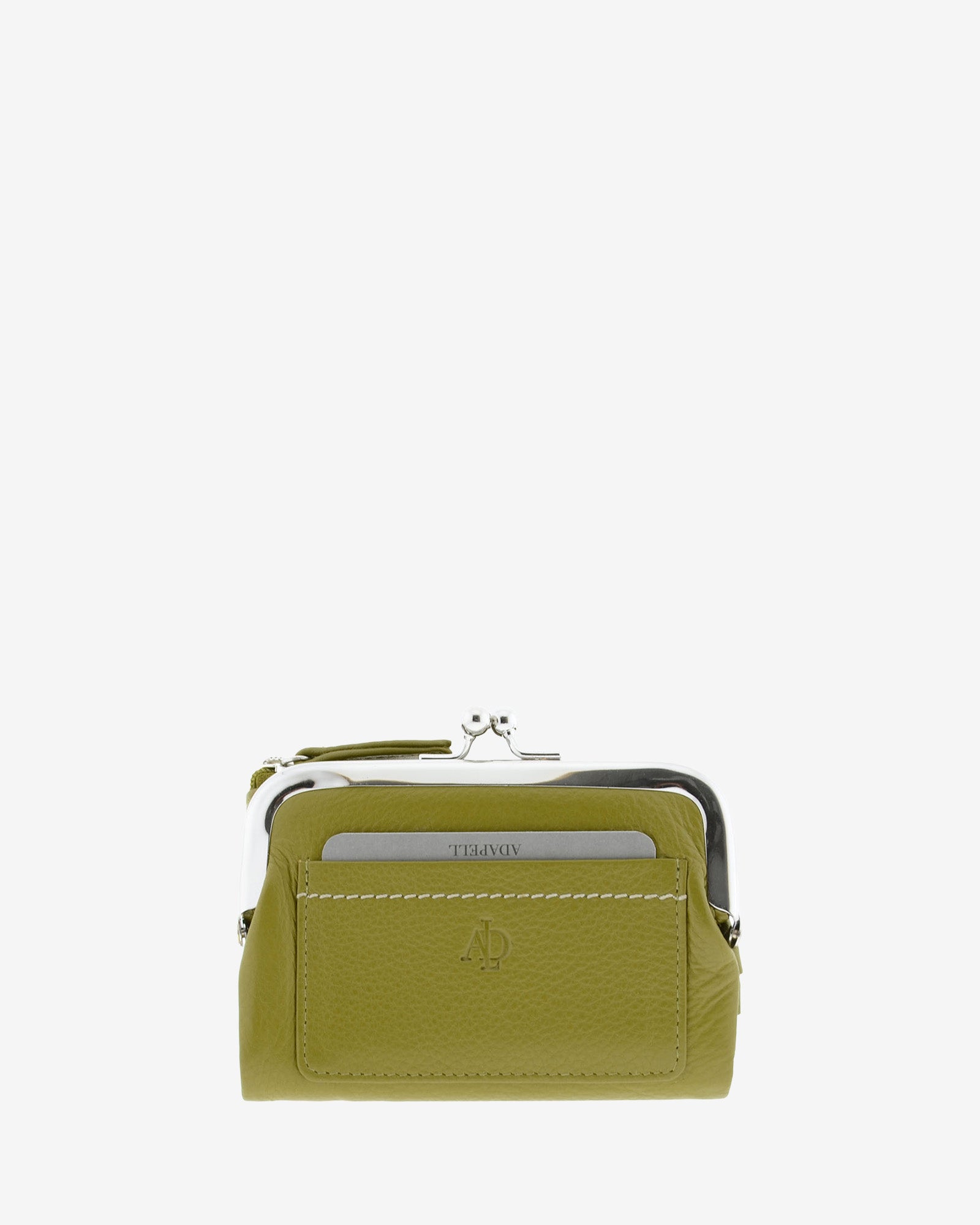 Cartera de piel Napa de color oliva, vista frontal plana mostrando compartimento exterior y boquilla, referencia 8069-21