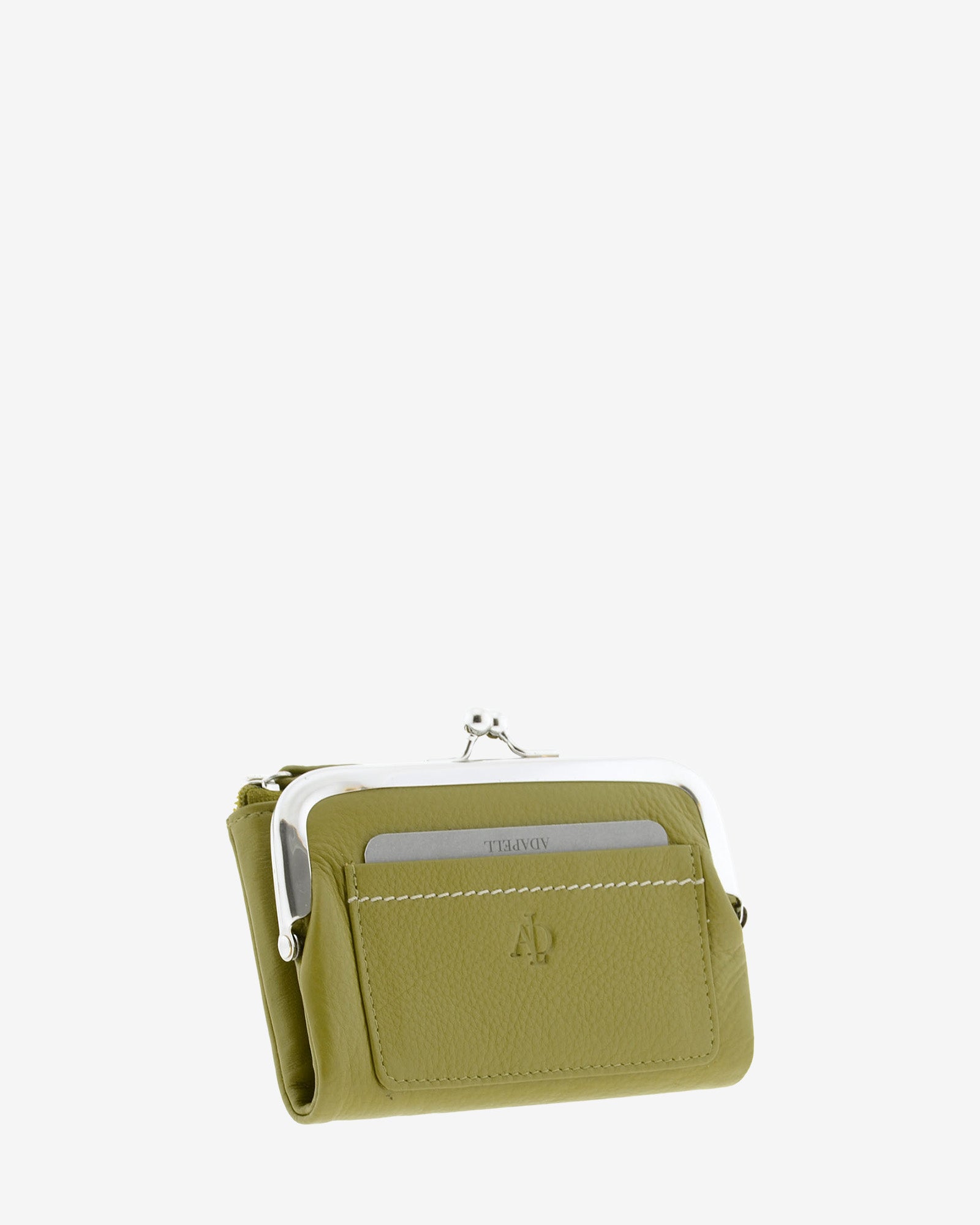 Cartera de piel Napa de color oliva, vista frontal y lateral mostrando compartimento exterior y boquilla, referencia 8069-21