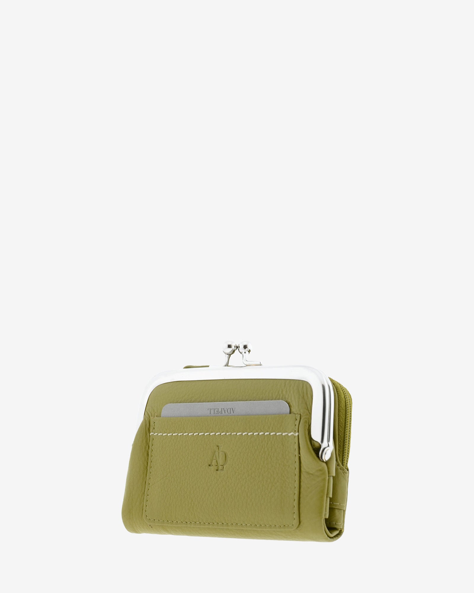 Cartera de piel Napa de color oliva, vista 2 frontal y lateral mostrando compartimento exterior y boquilla, referencia 8069-21