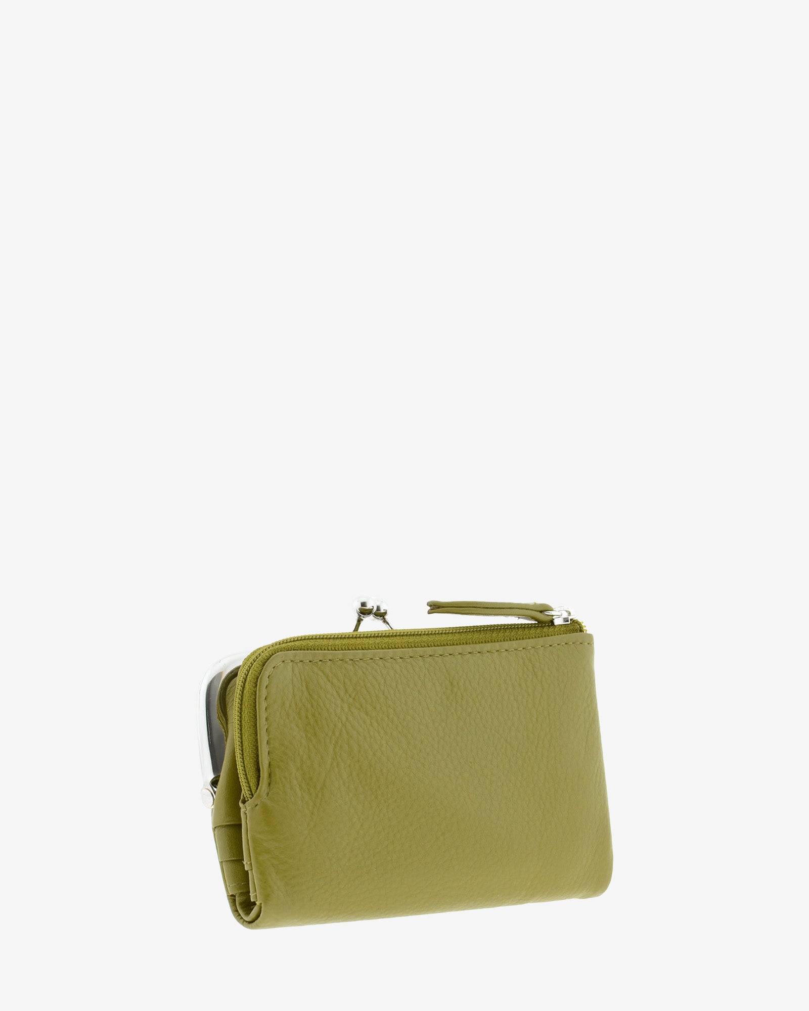 Cartera de piel Napa de color oliva, vista trasera mostrando compartimento exterior con cremallera, referencia 8069-21